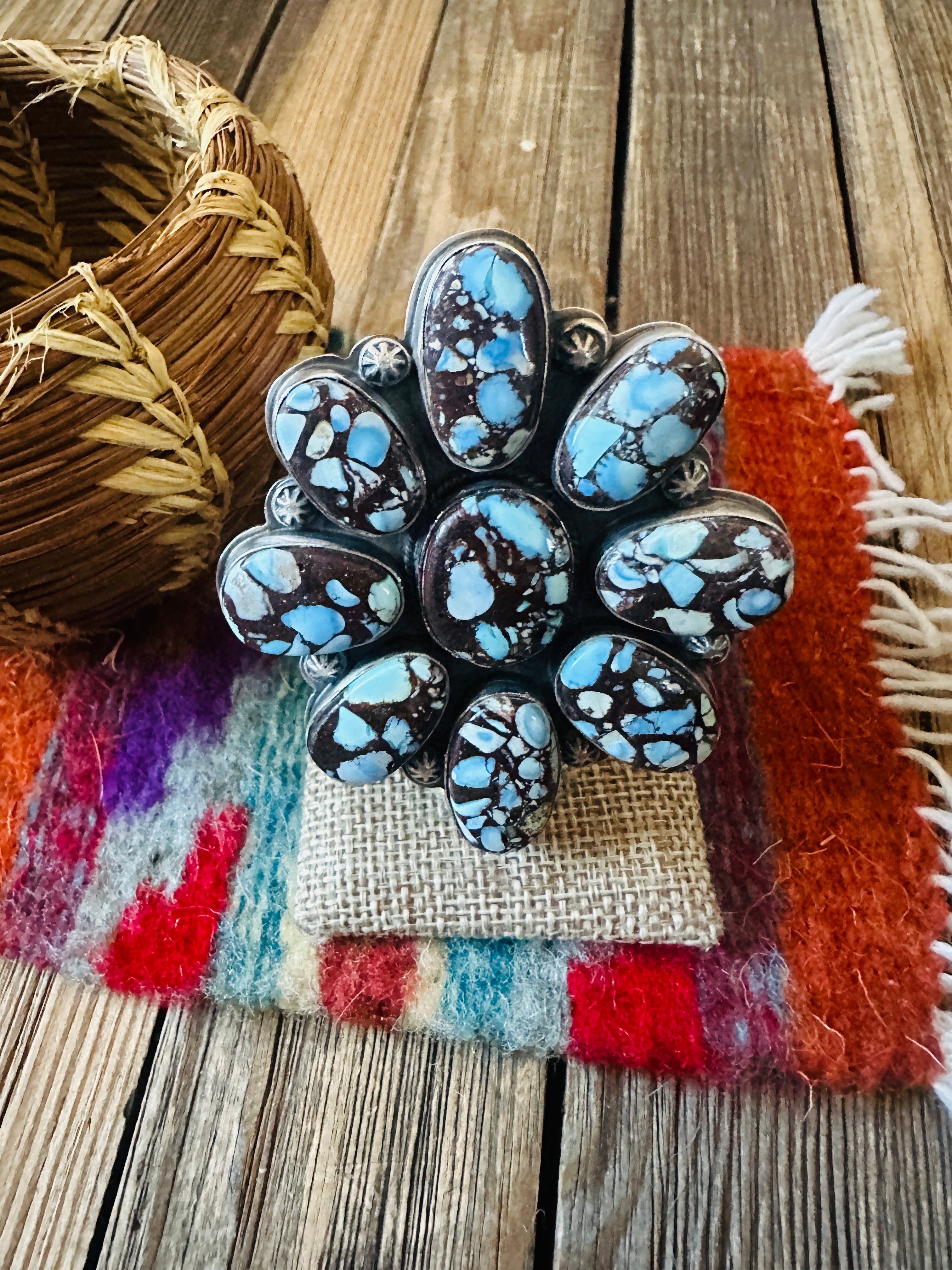 Handcrafted Golden Hills Turquoise & Sterling Silver Cluster Adjustable Ring