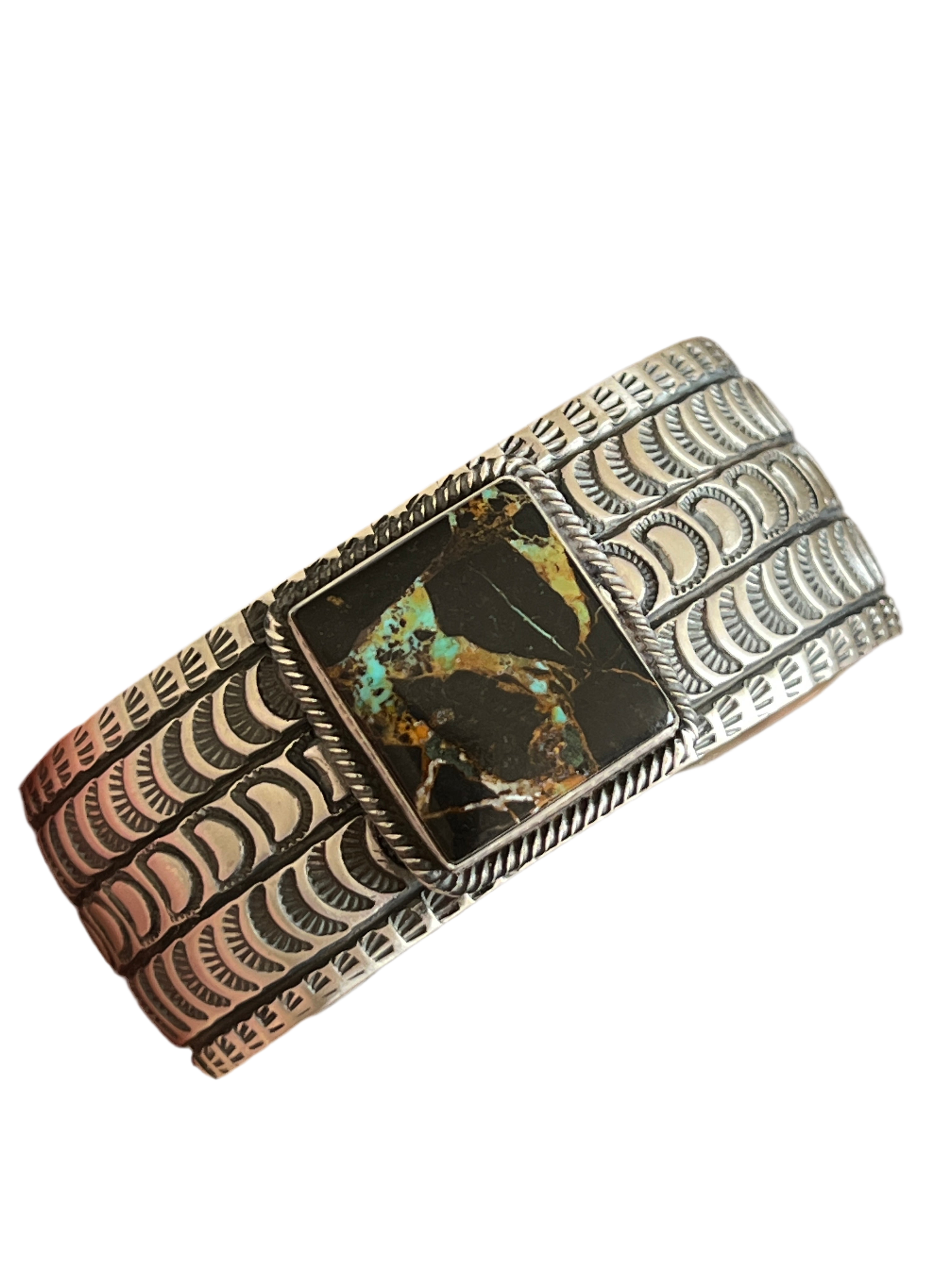 Handcrafted Sterling Silver and Blackjack Turquoise Hand Stamped Cuff