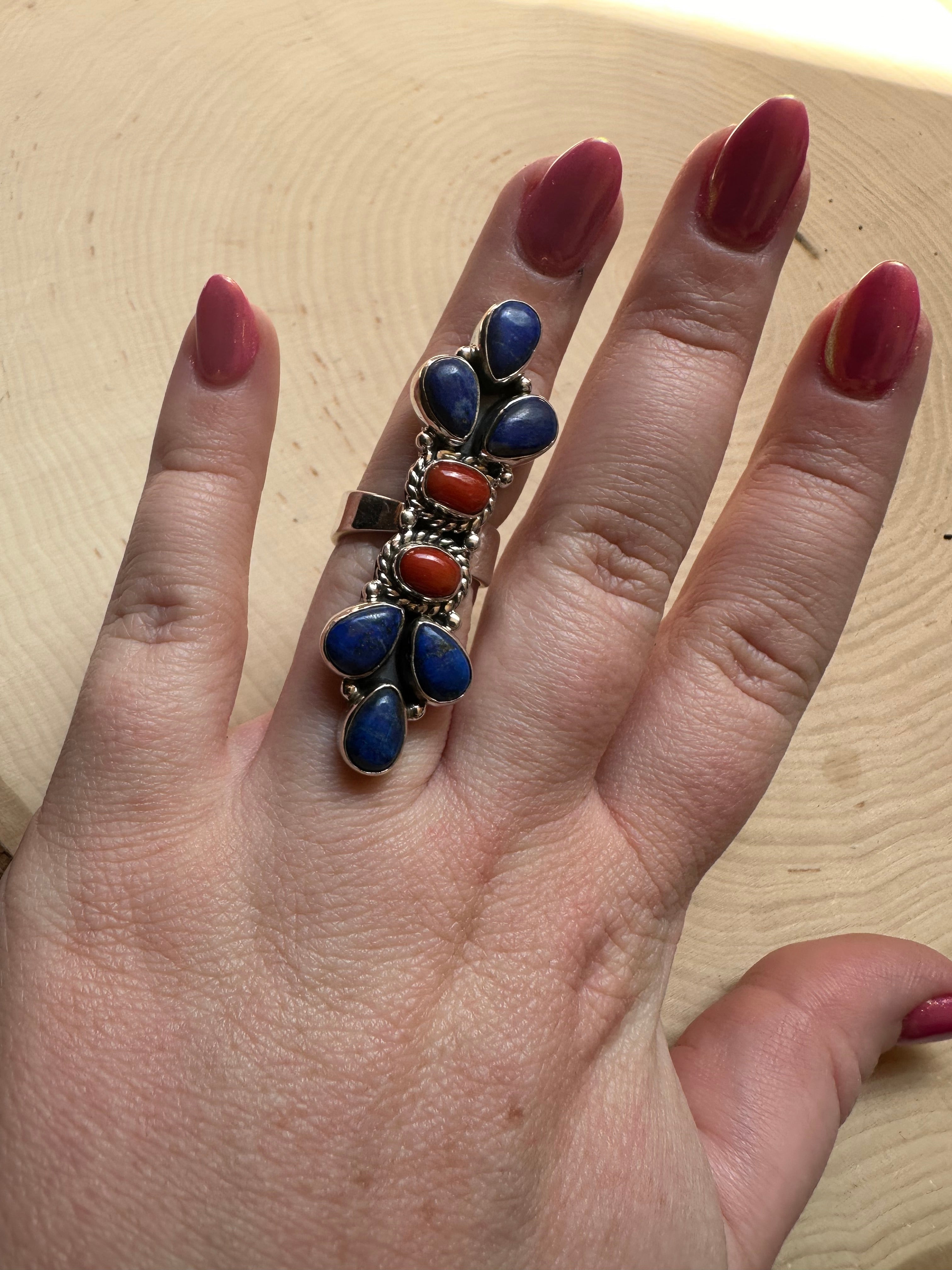 Handmade Lapis, Coral & Sterling Silver Adjustable Ring Signed Nizhoni