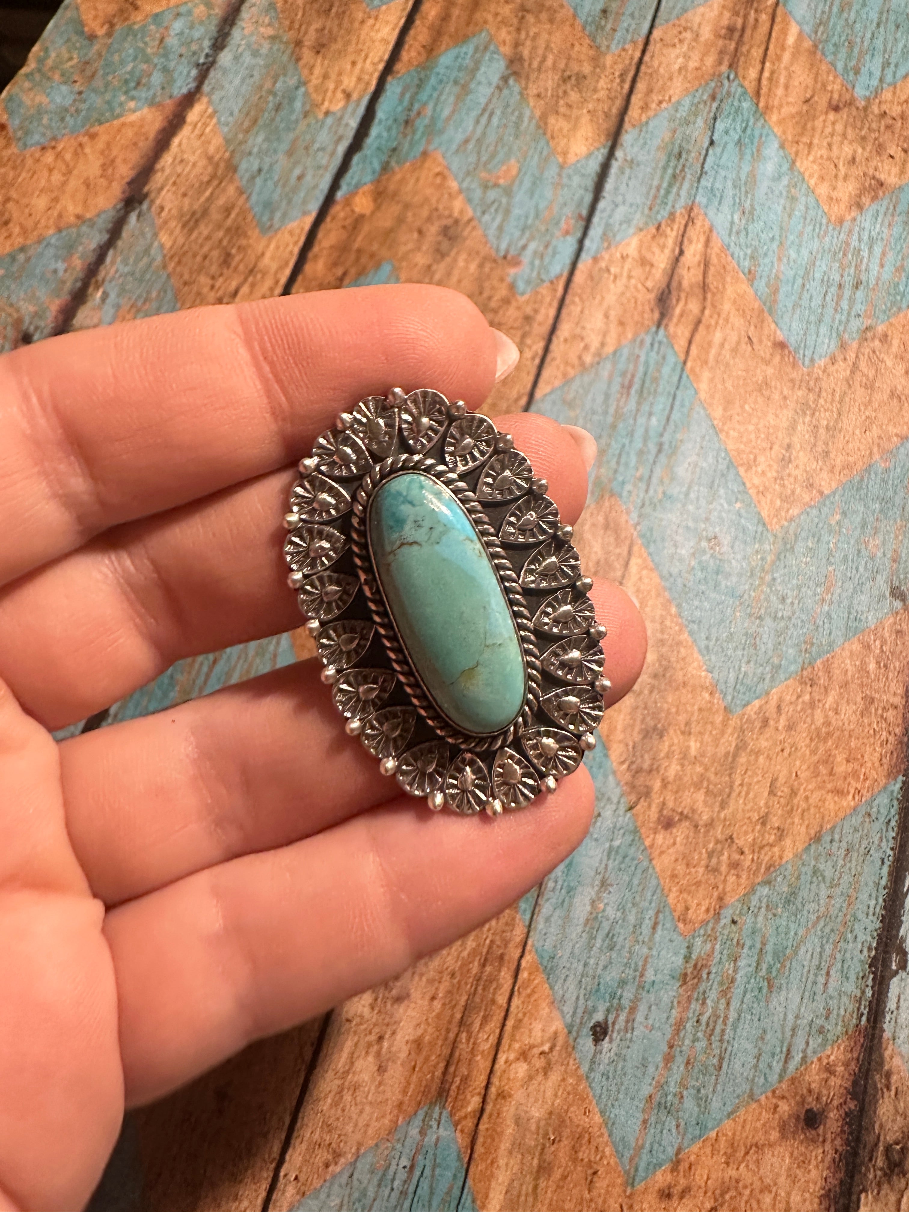 THE POP Handmade Turquoise And Sterling Silver Adjustable Single Stone Statement Ring