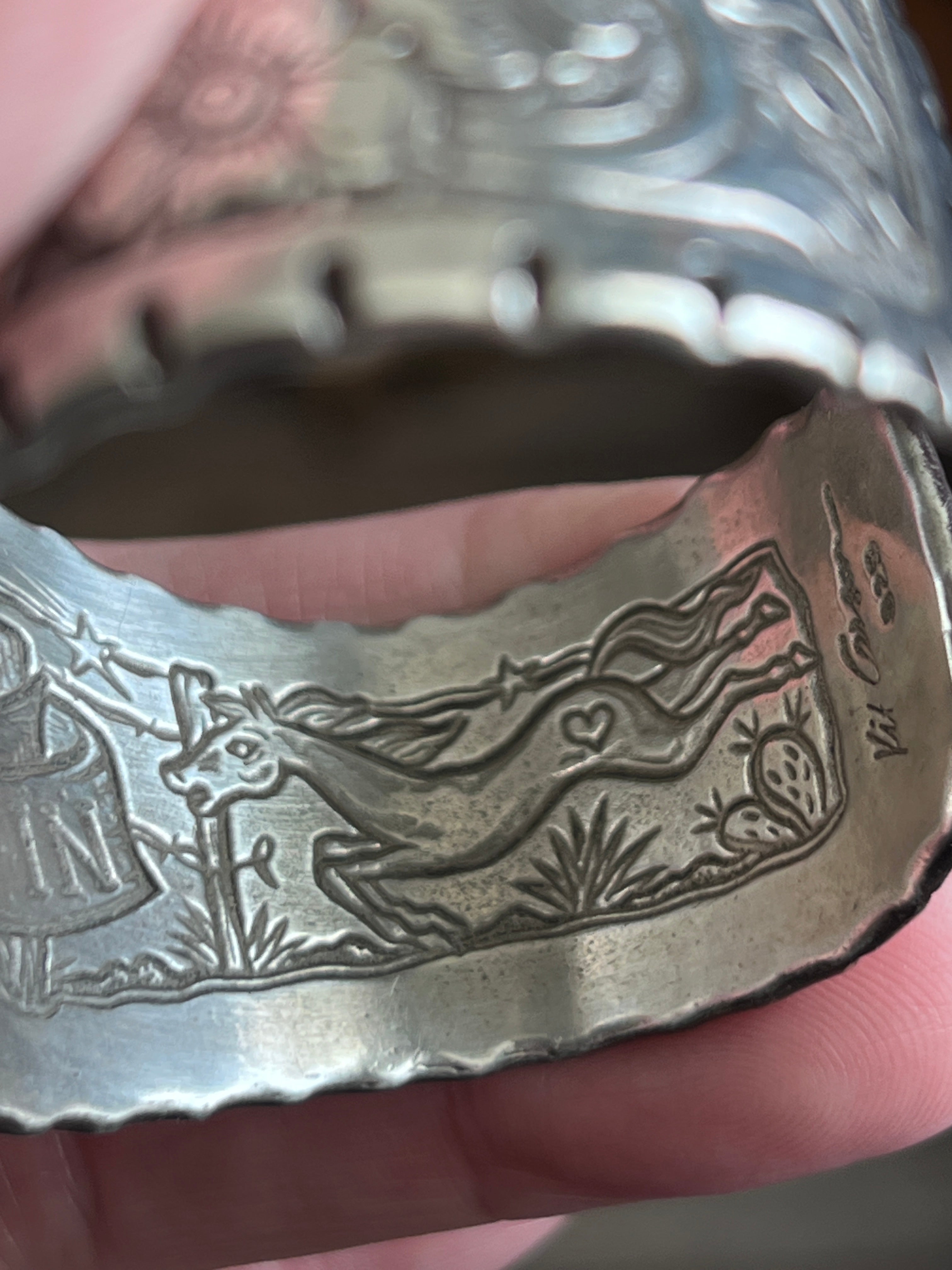 Old Pawn Tooled “Don’t Fence Me In” Sterling Silver Cuff Bracelet by Kit Carson