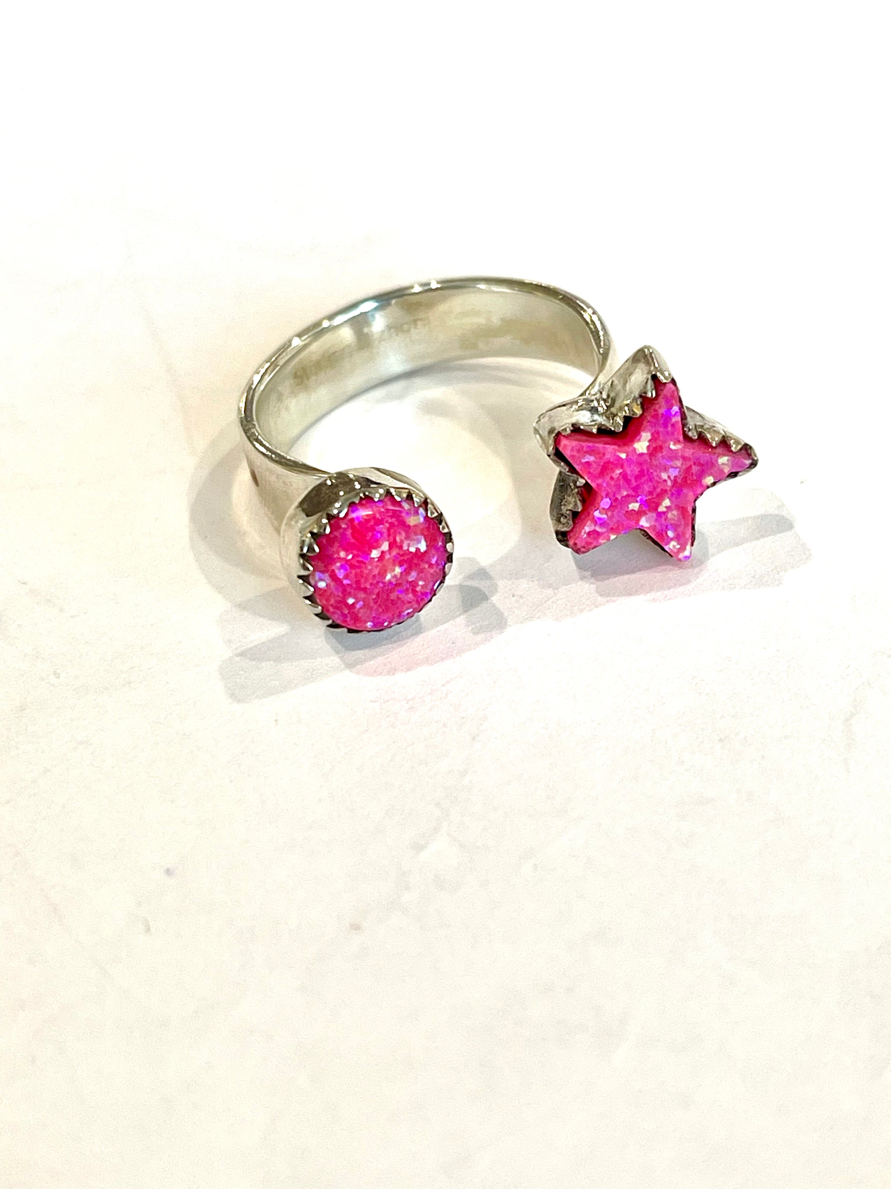 Handmade Hot Pink Fire Opal & Sterling Silver Adjustable Star Ring