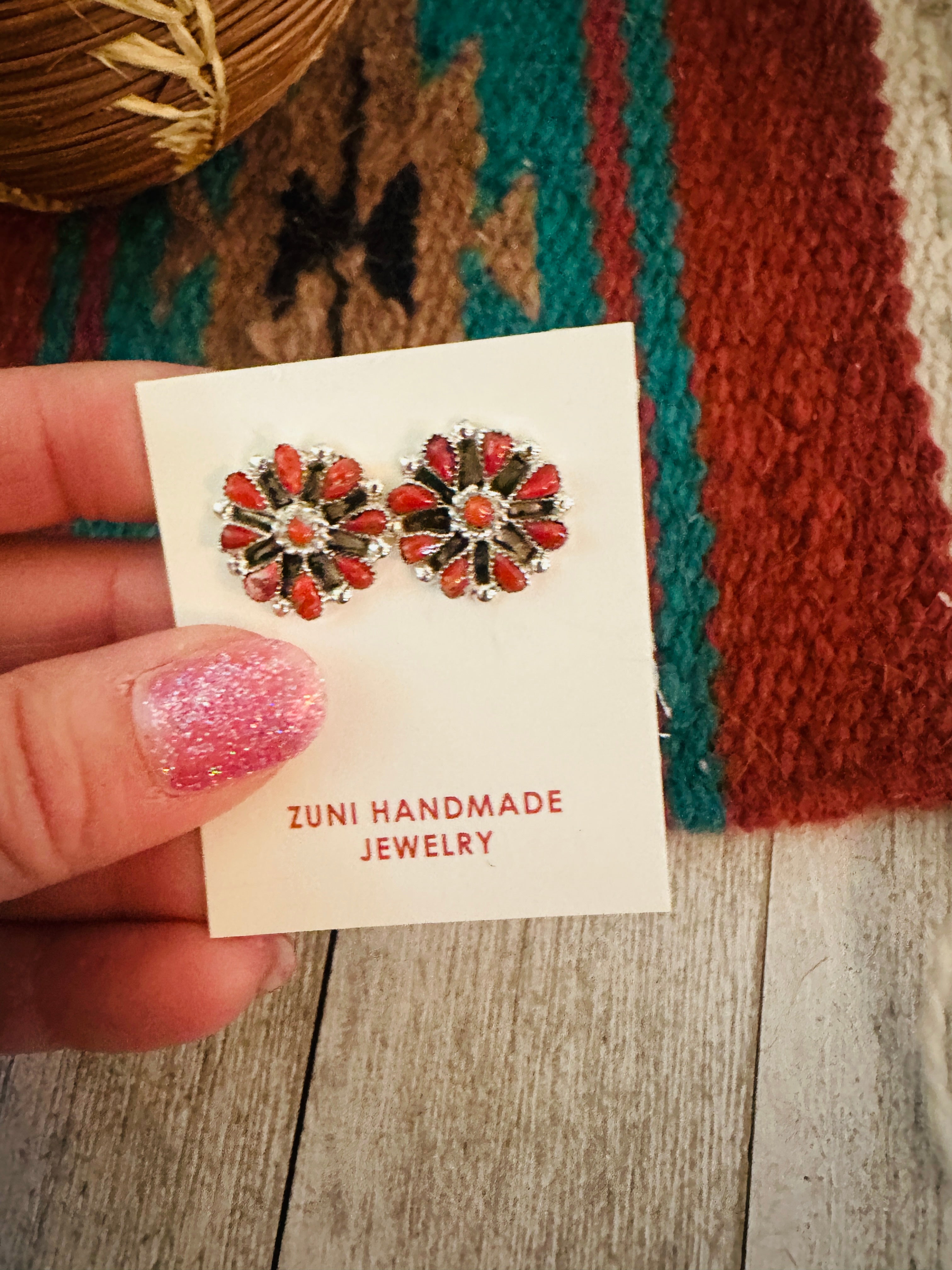 Zuni Coral & Sterling Silver Cluster Stud Earrings