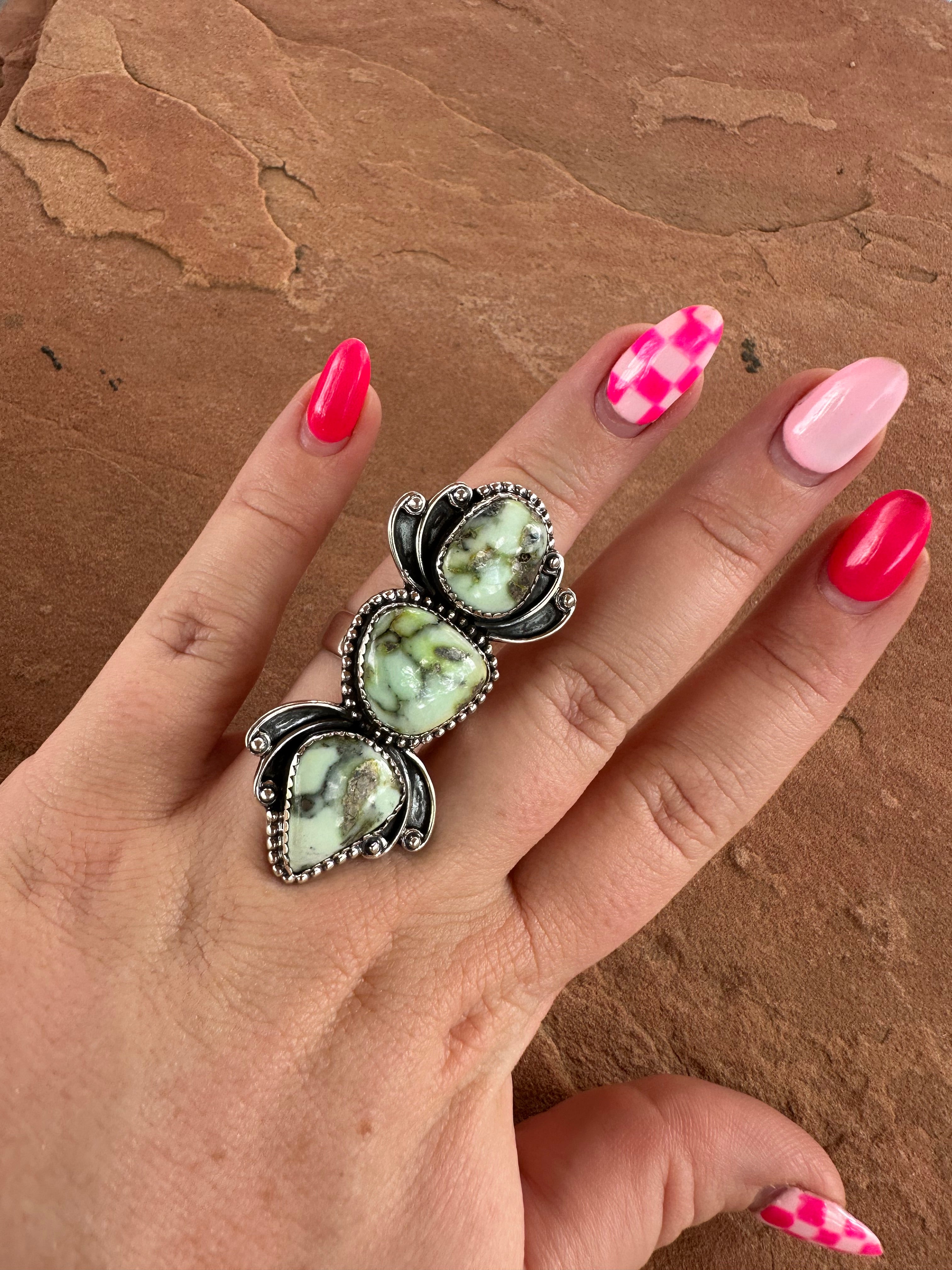 Beautiful Handmade Palomino Turquoise And Sterling Silver Adjustable 3 Stone Ring