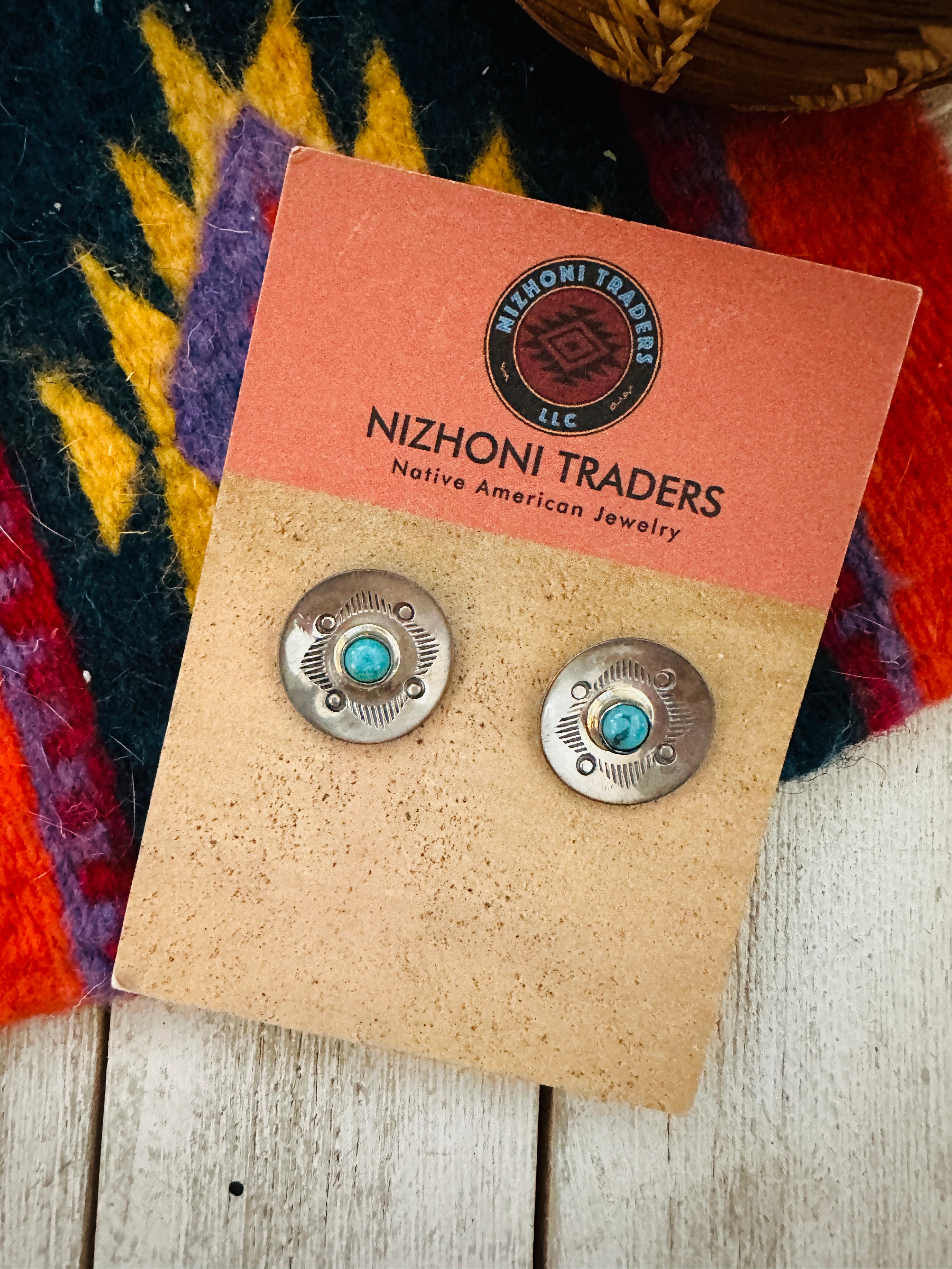 Navajo Hand Stamped Sterling Silver & Turquoise Concho Stud Earrings