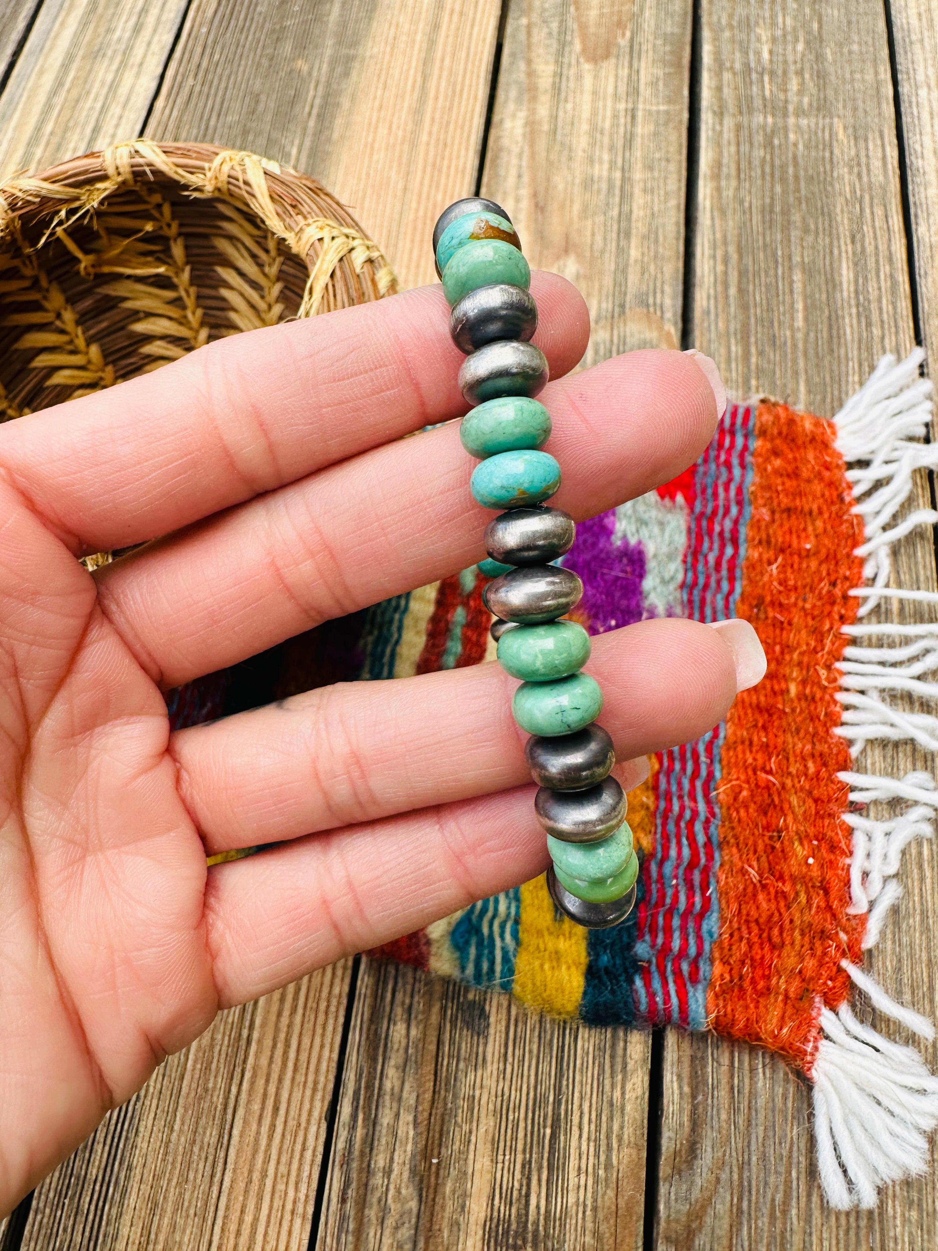 Handcrafted Turquoise & Sterling Silver Saucer Bead Stretch Bracelet