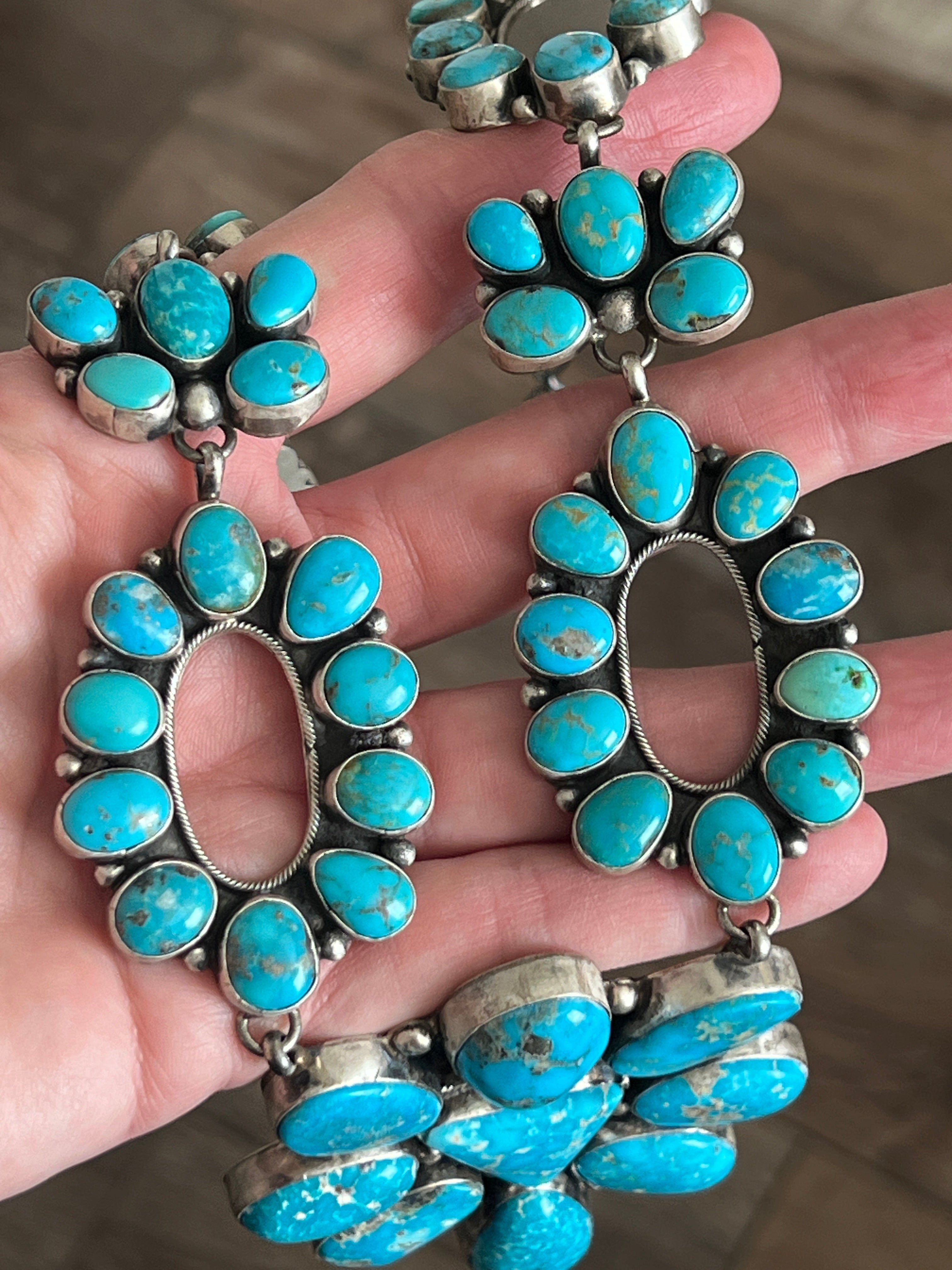 Handcrafted Sterling Silver and Whitewater Campitos Turquoise Cluster Necklace and Earring Set by Sheila Becenti
