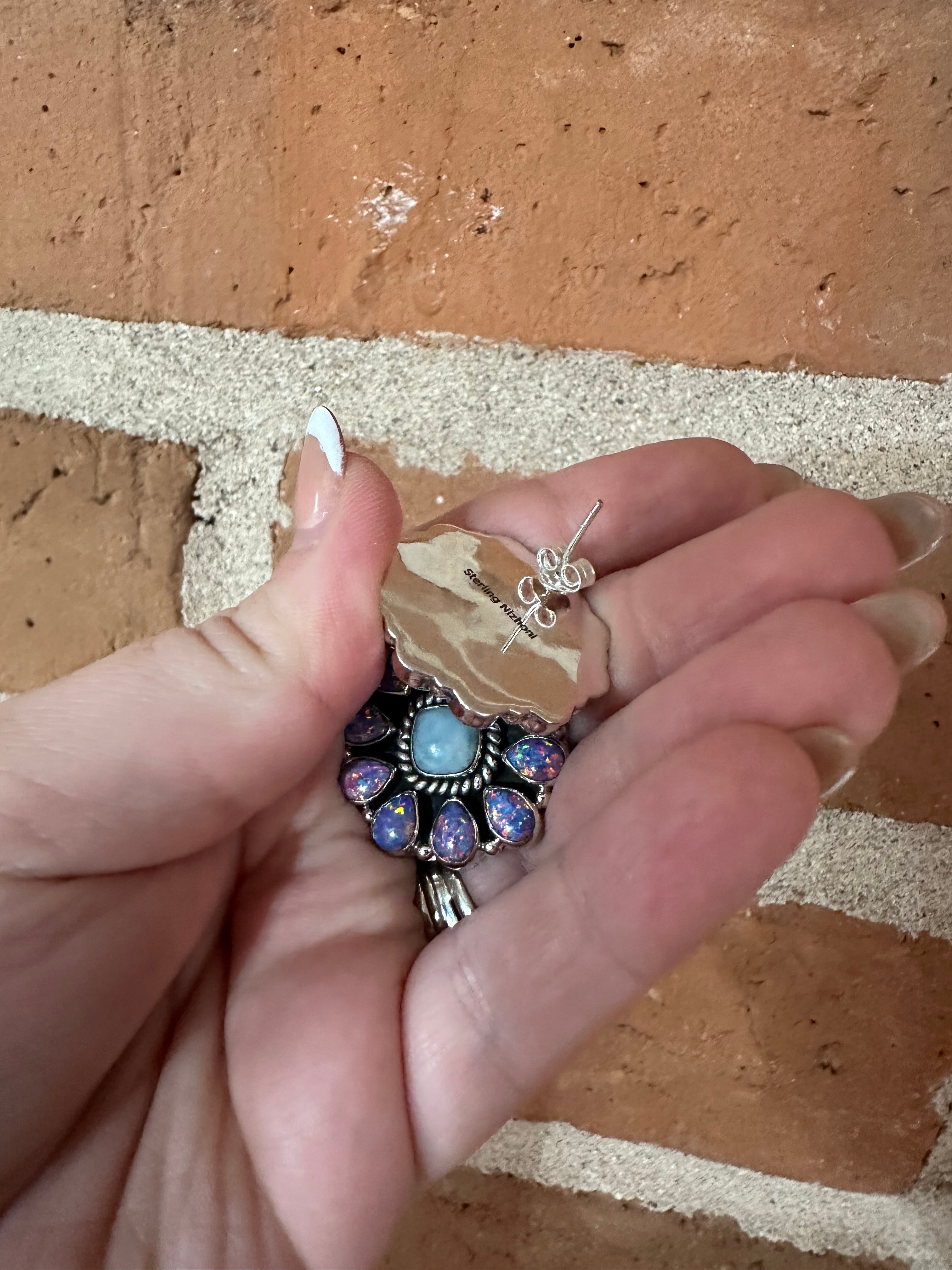 Handmade Light Purple Fire Opal, Larimar and Sterling Silver Earrings