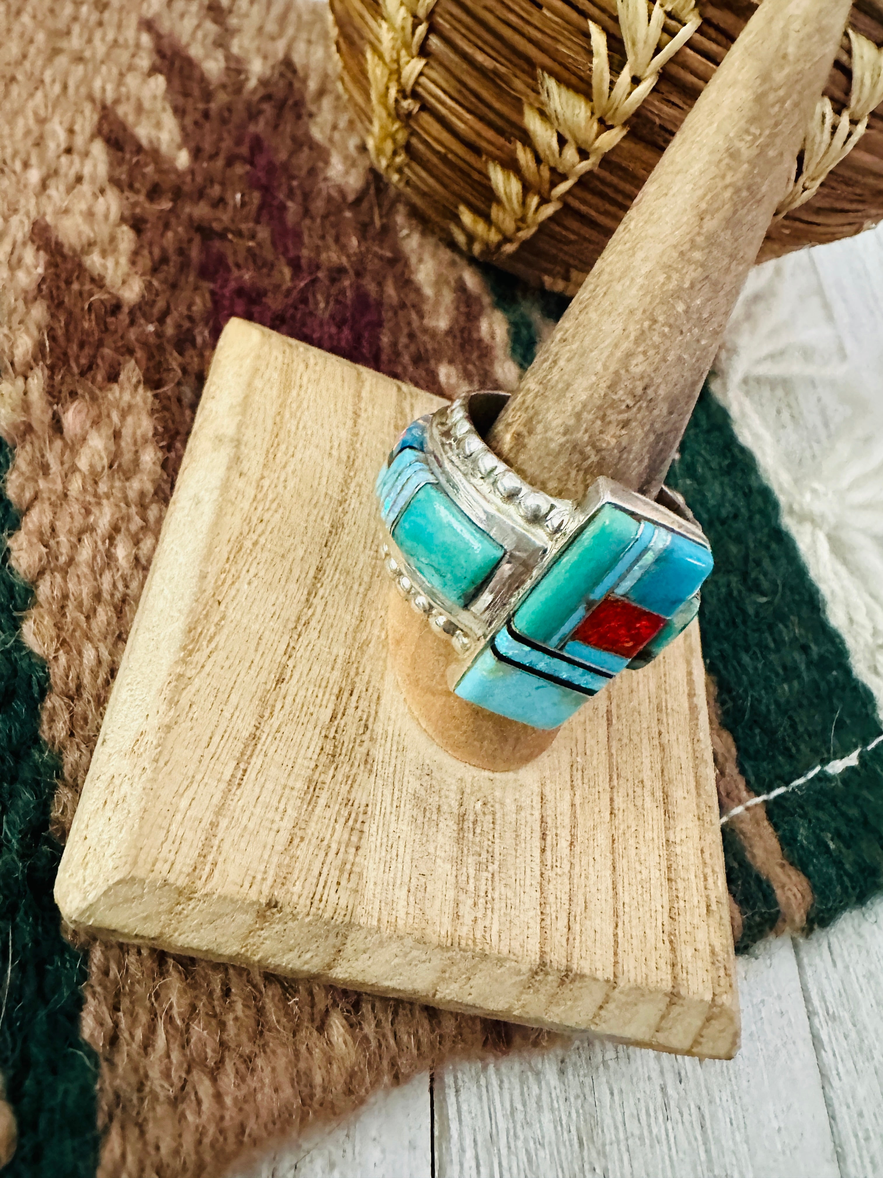 Navajo Sterling Silver & Multi Stone Inlay Ring Size 13