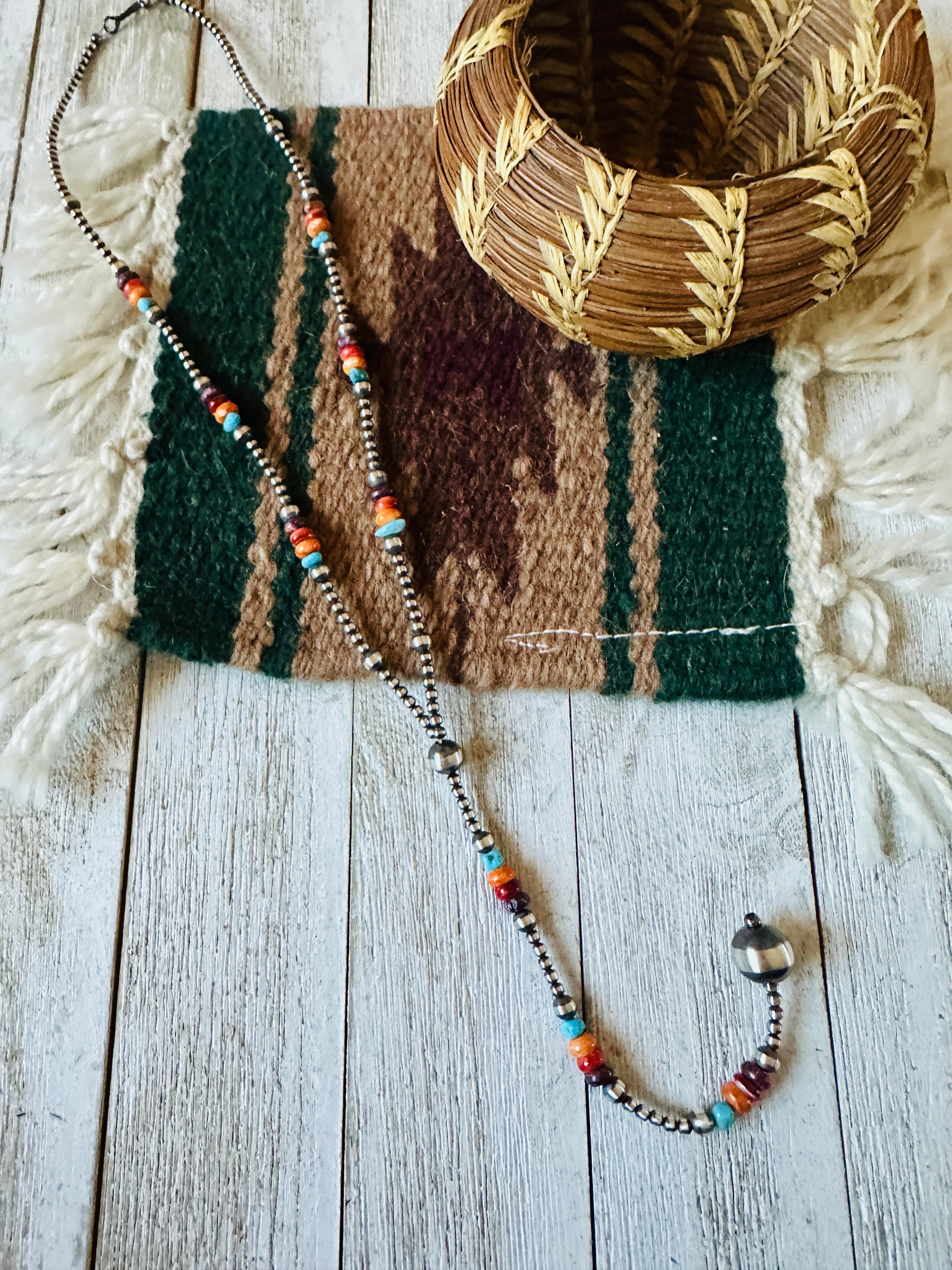 Navajo Sterling Silver, Spiny & Turquoise Beaded Lariat Necklace