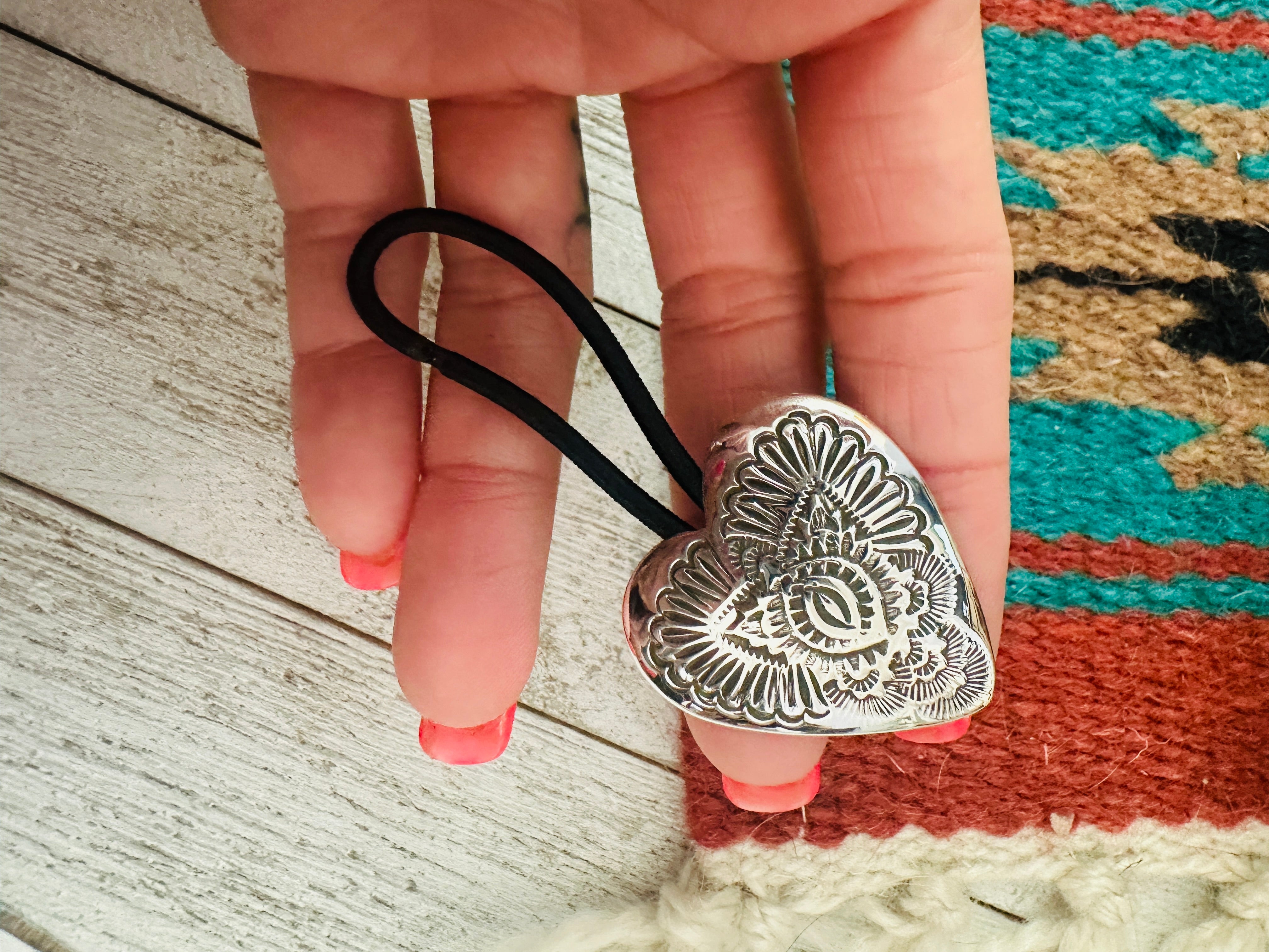 Navajo Hand Stamped Sterling Silver Heart Hair Tie