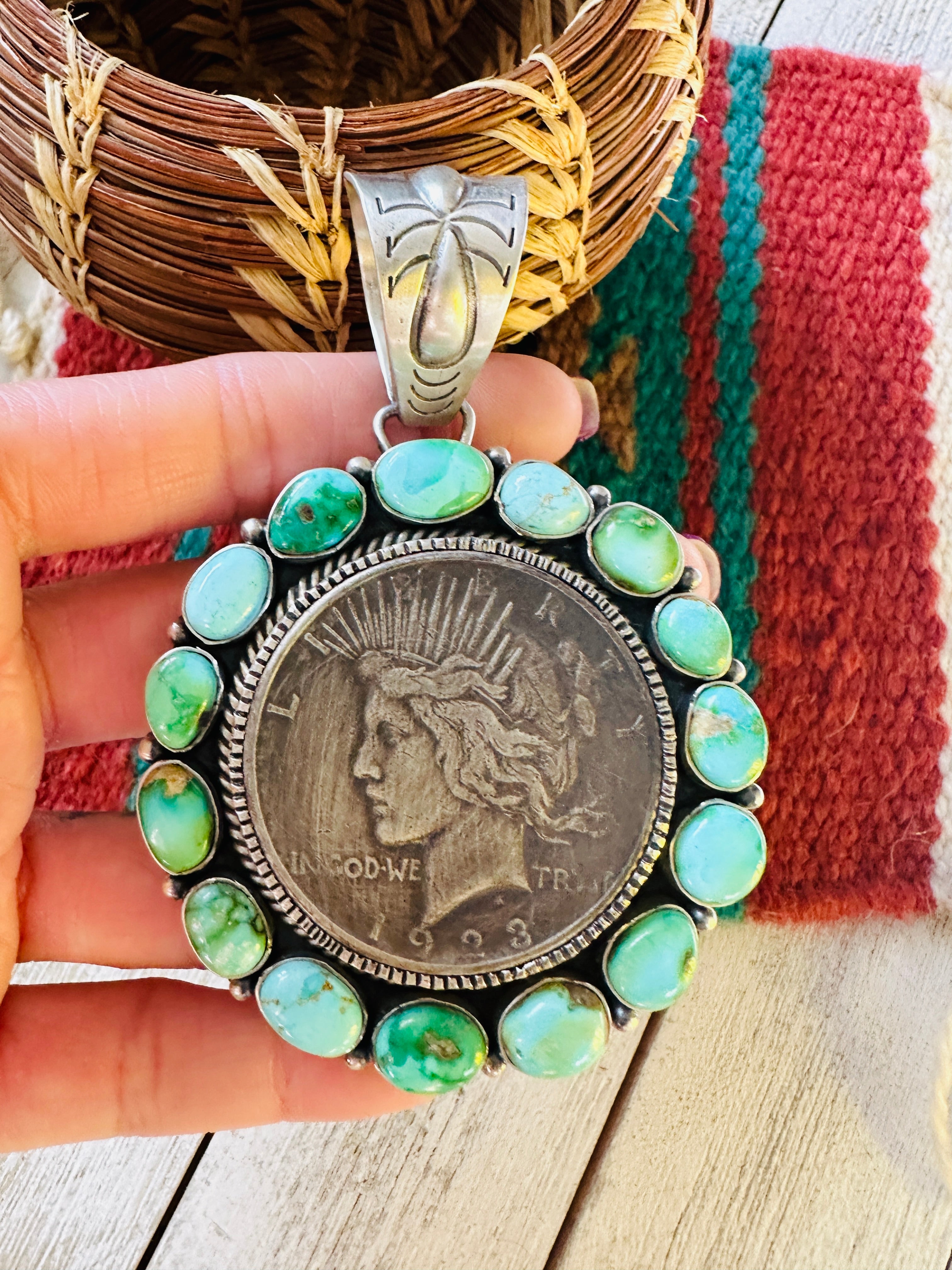 Navajo Sterling Silver & Turquoise Liberty Coin Pendant