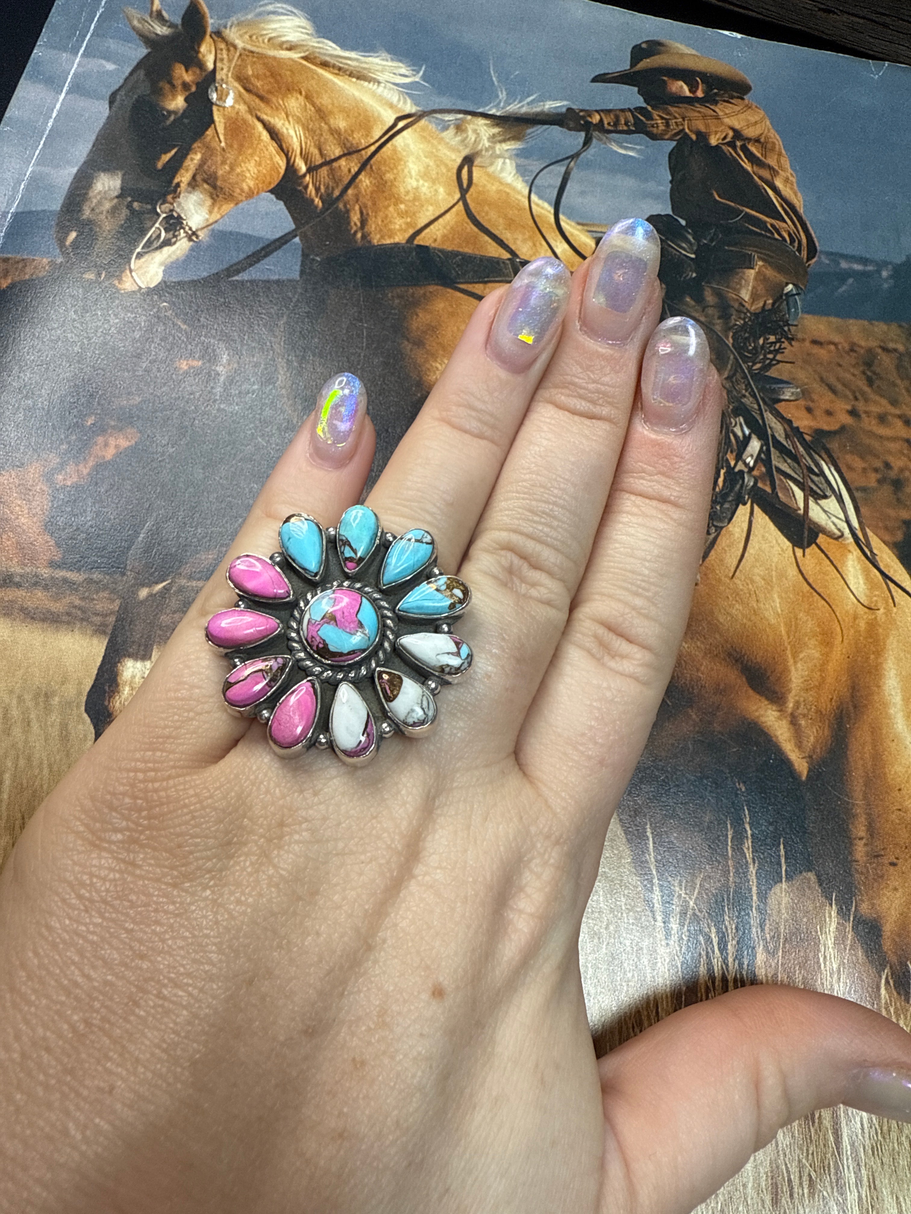 Handmade Cotton Candy Sterling Adjustable Cluster Ring