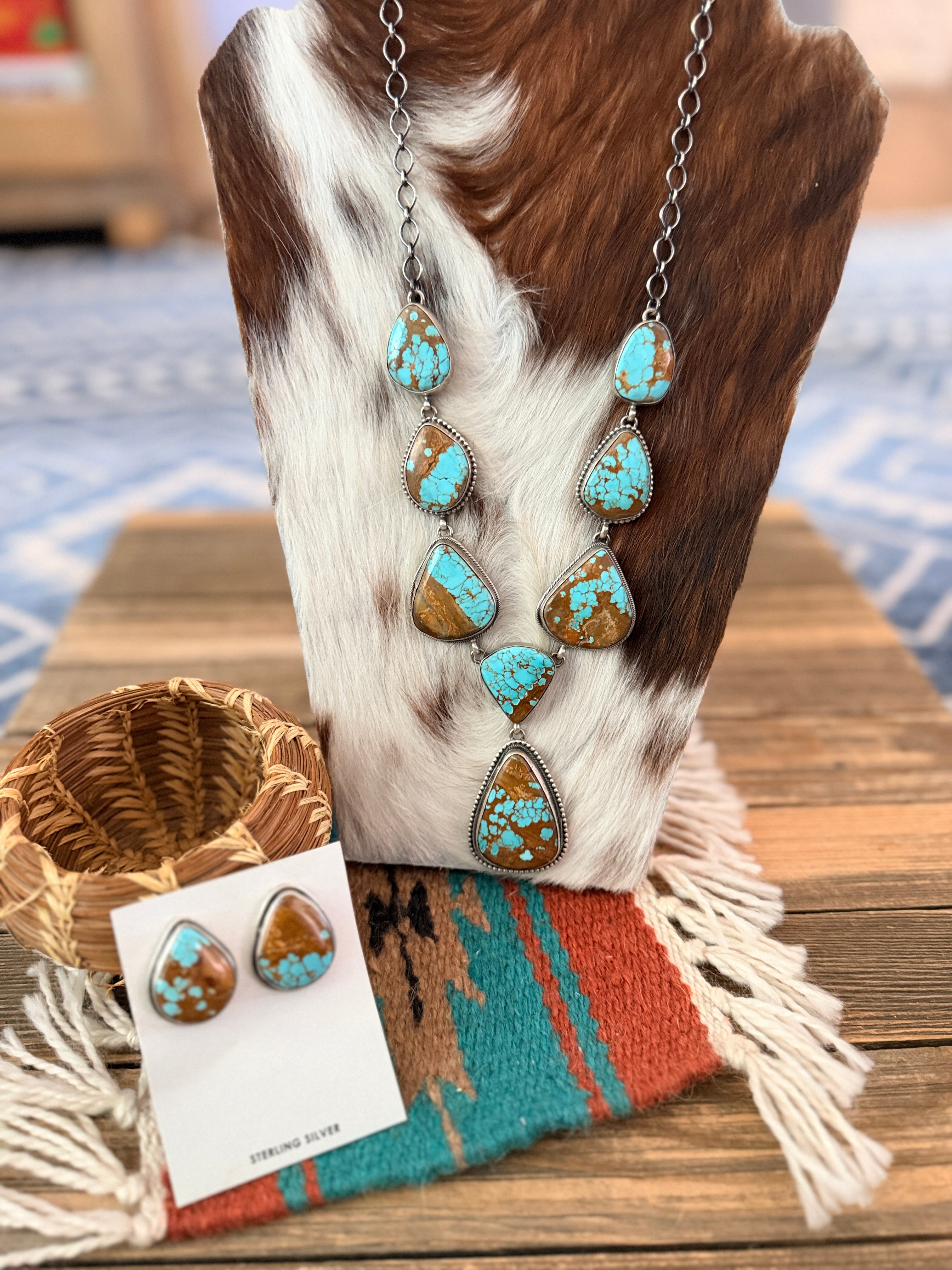 Handcrafted Number 8 Turquoise & Sterling Silver Necklace and Earring Set by Darren Livingston