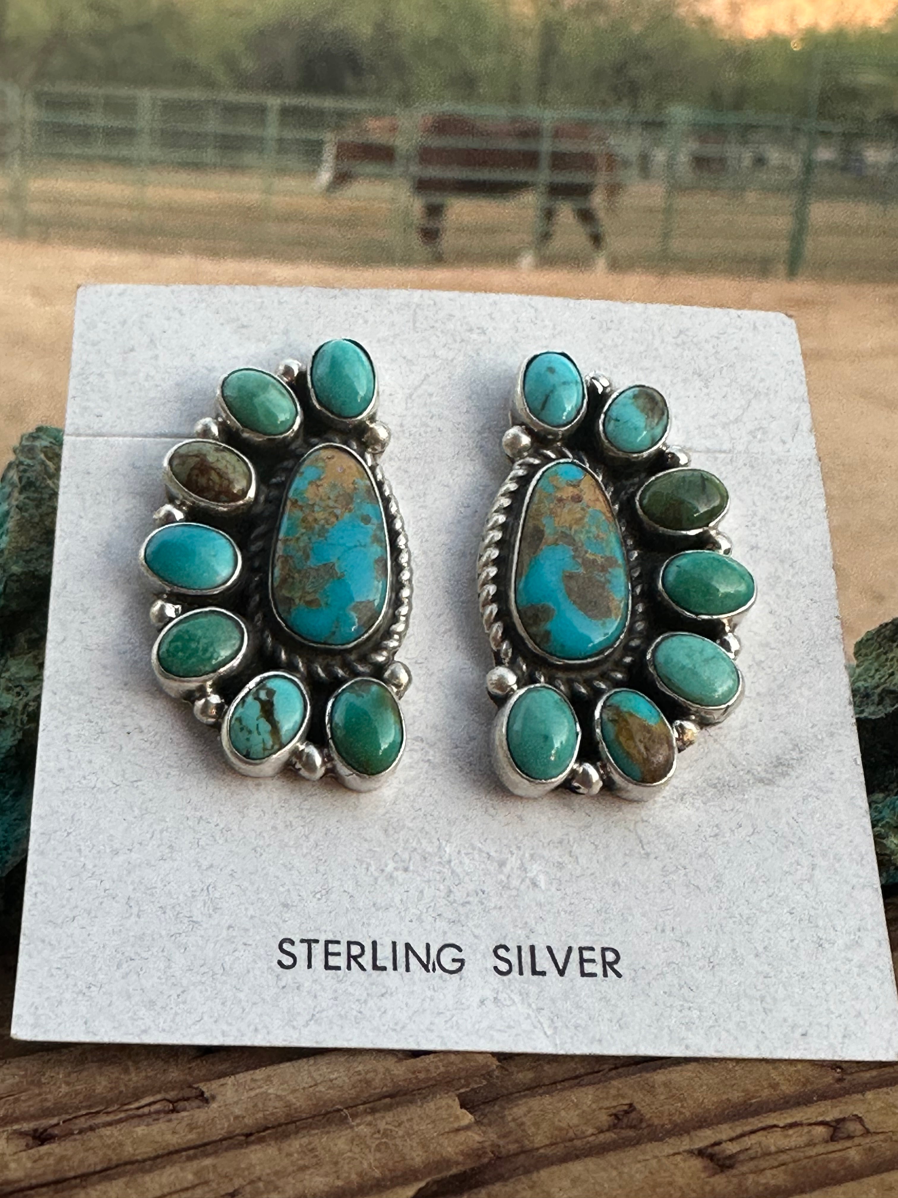 Navajo Geraldine James Turquoise Sterling Silver Cluster Stud Earrings