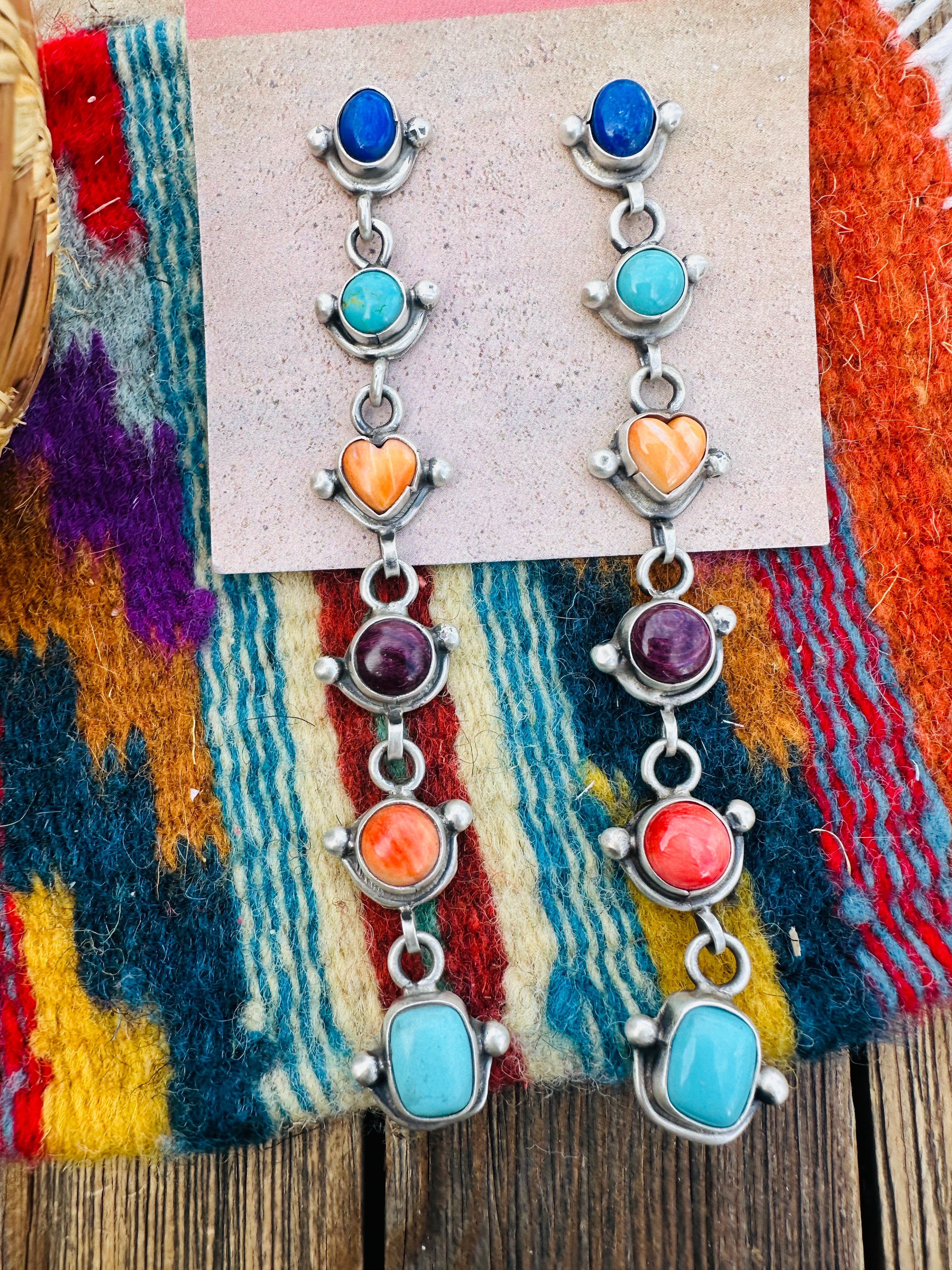 Handcrafted Multi Stone And Sterling Silver Heart Dangle Earrings by Juanita McDonald