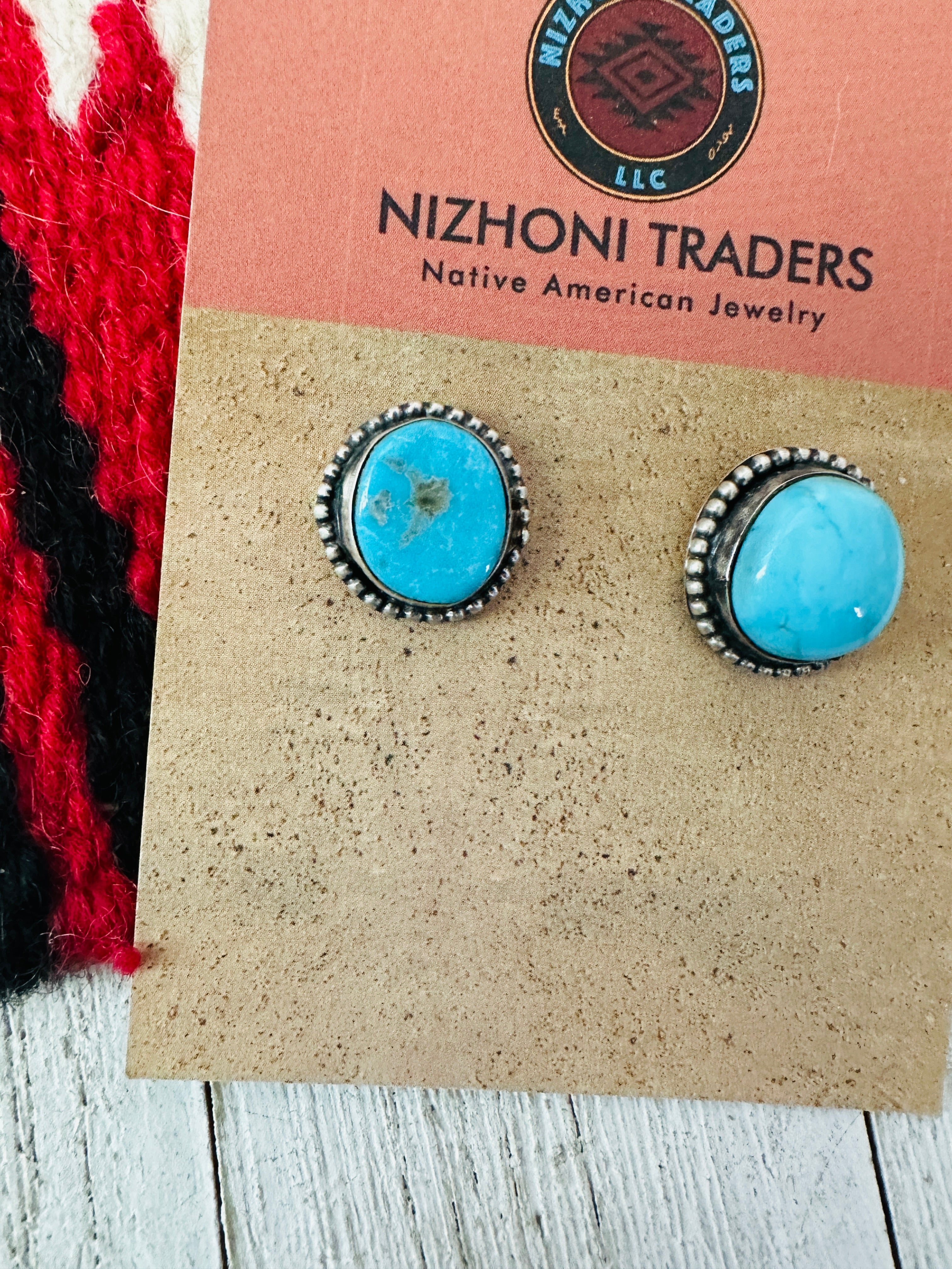 Navajo Kingman Turquoise and Sterling Silver Stud Earrings