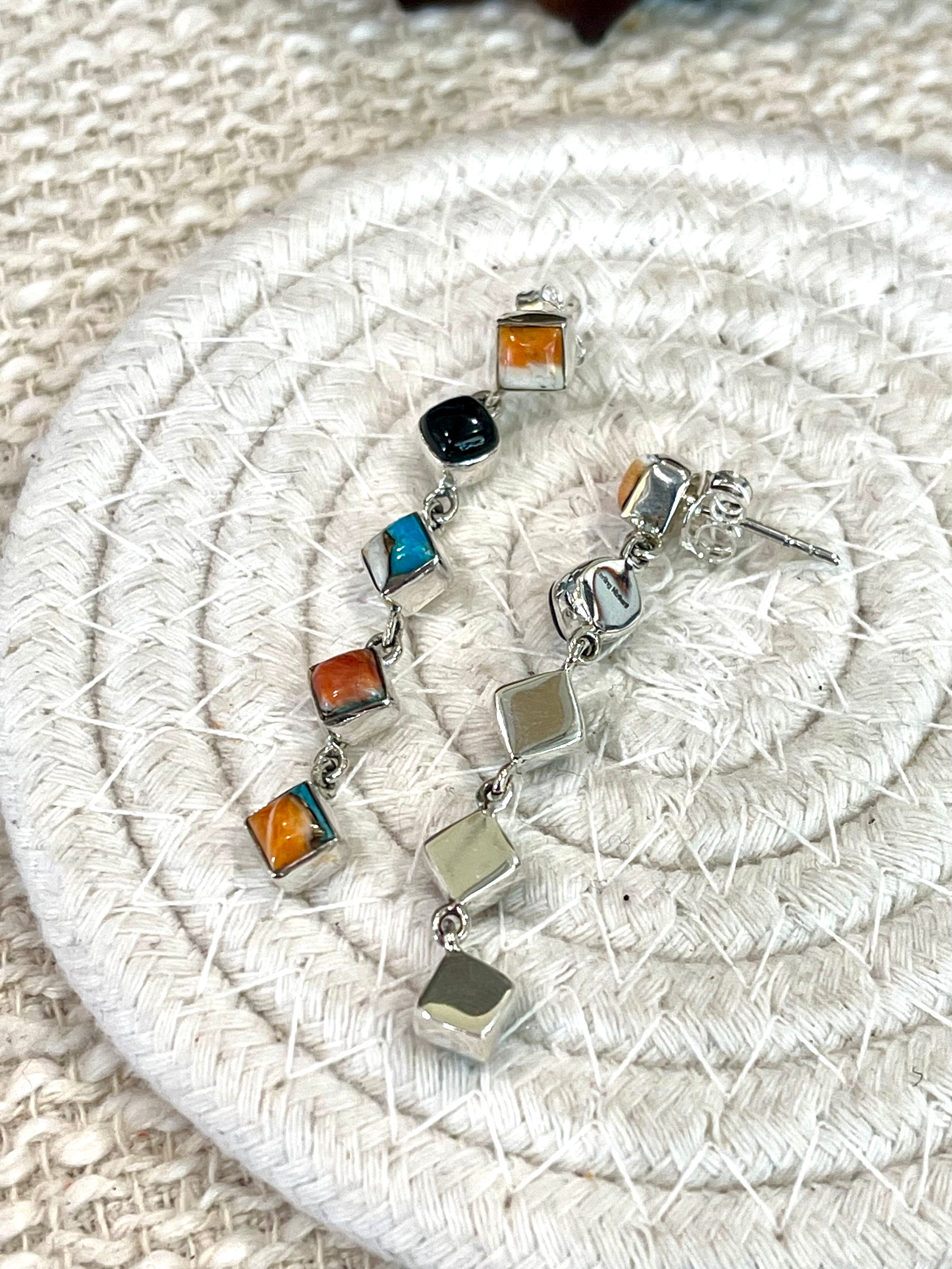 Handmade Onyx, Spice and Sterling Silver Post Dangle Earrings Signed Nizhoni