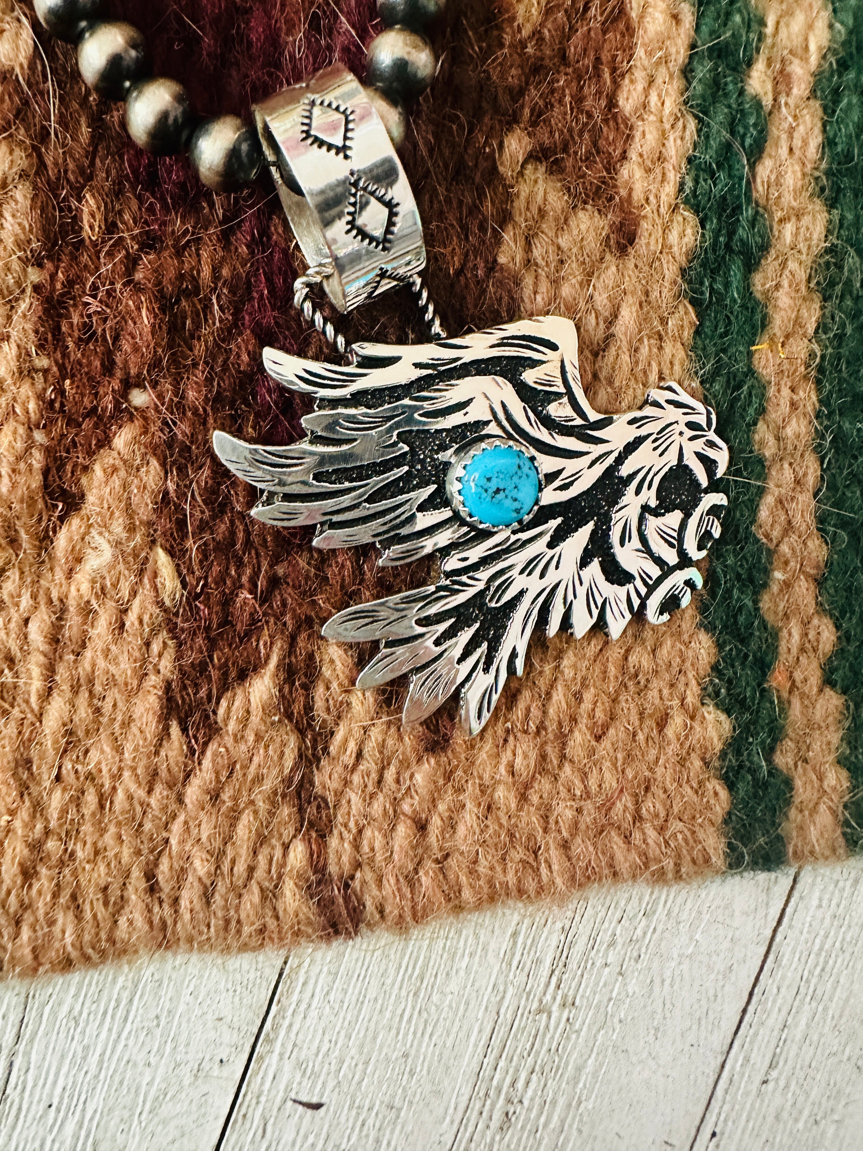 Navajo Turquoise & Sterling Silver Eagle Pendant Signed Richard Singer