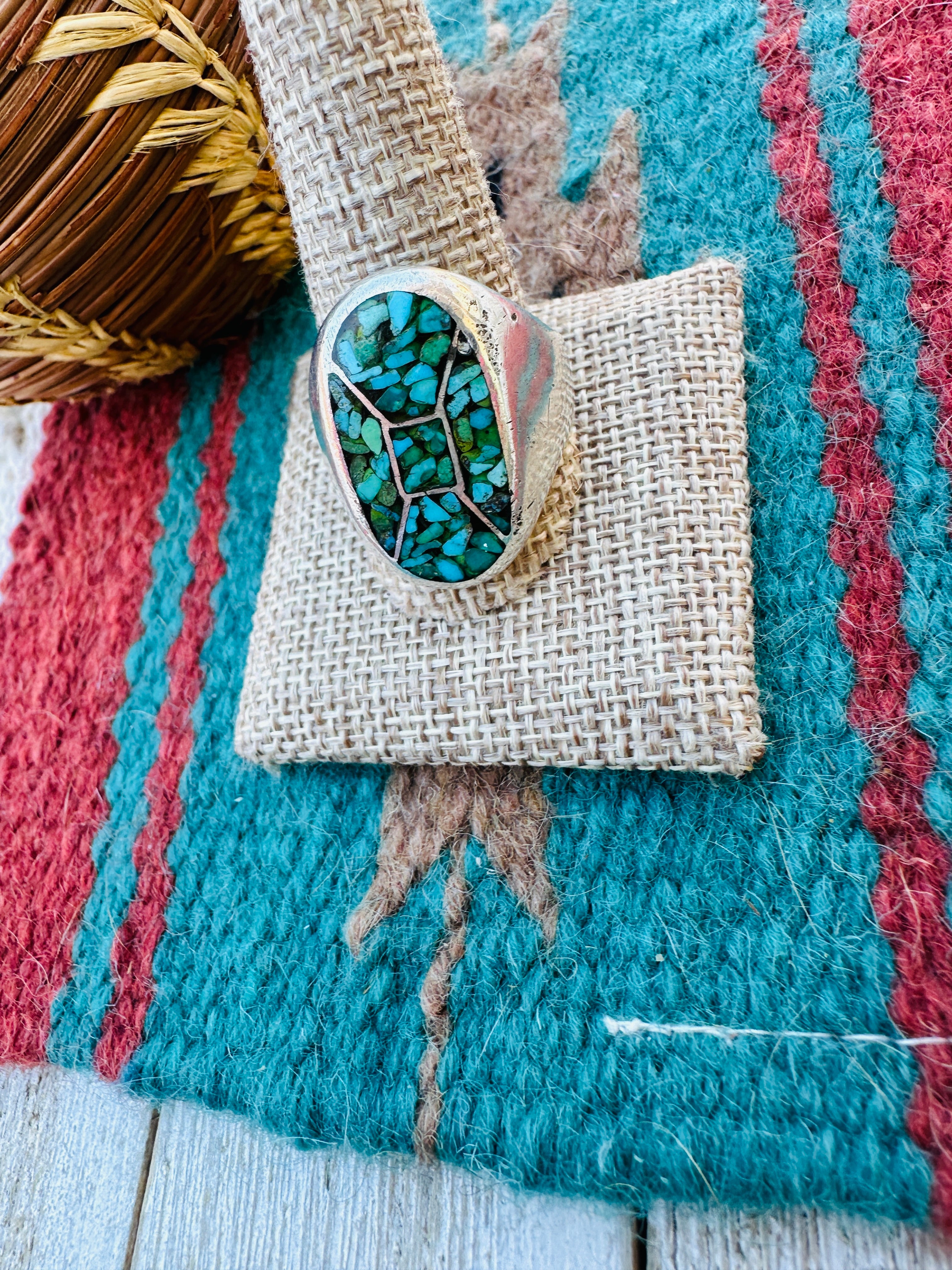 Old Pawn Handcrafted Kingman Turquoise & Sterling Silver Cigar Band Ring Size 11.75