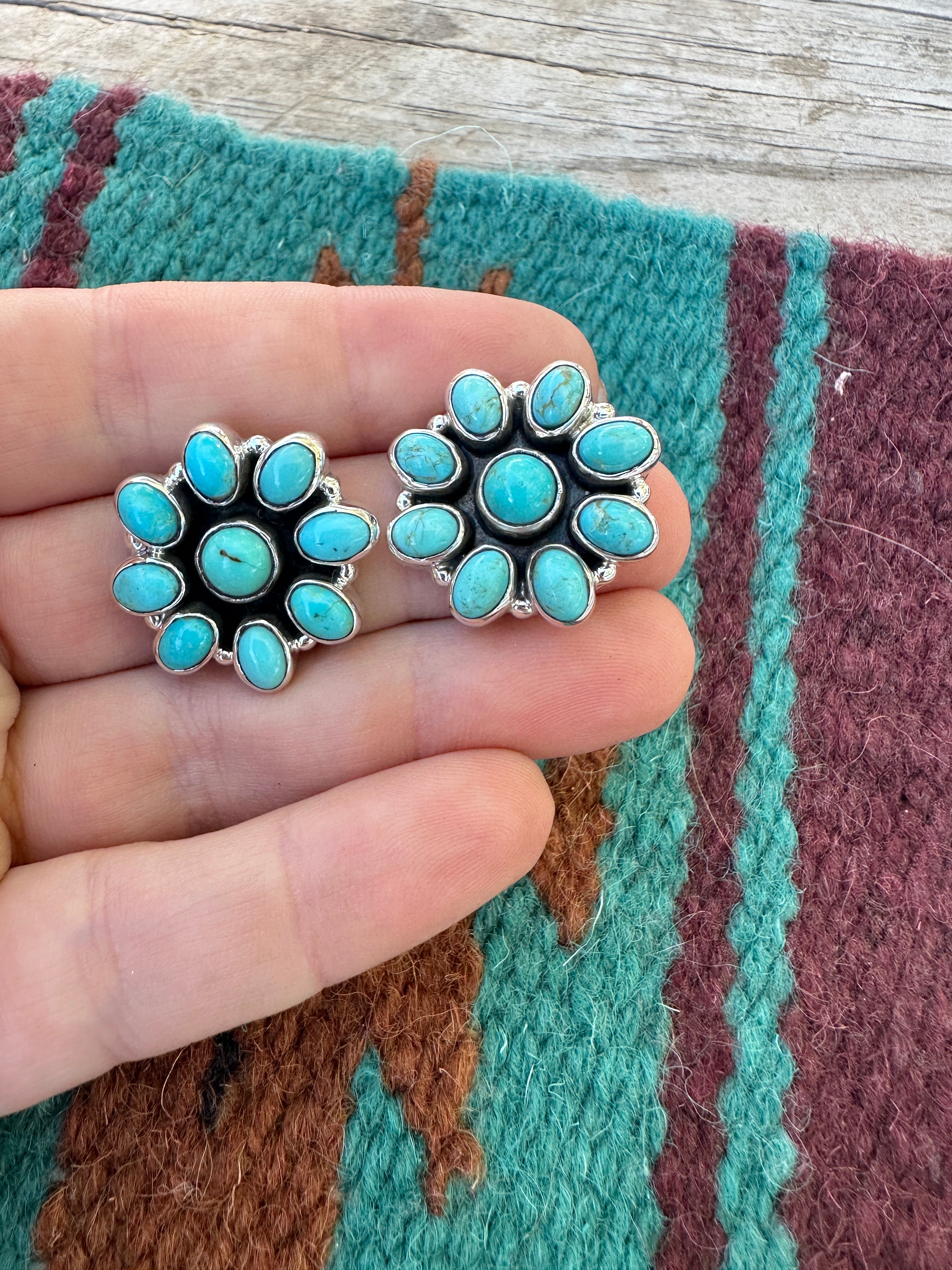 Handmade Flower Sterling Silver & Turquoise Post Earrings Signed Nizhoni