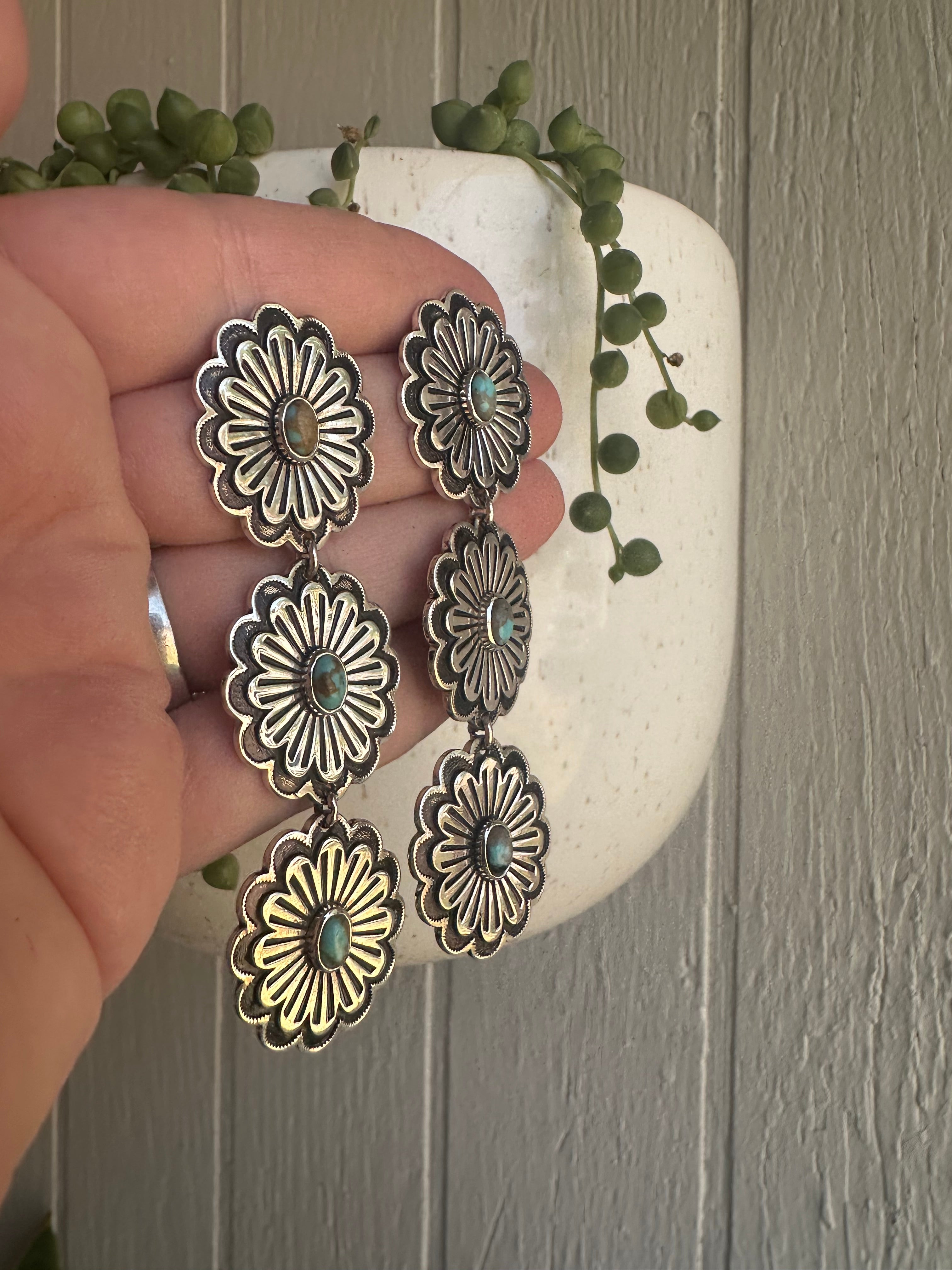 Handmade Turquoise and Sterling Silver Concho Flower Dangle Earrings