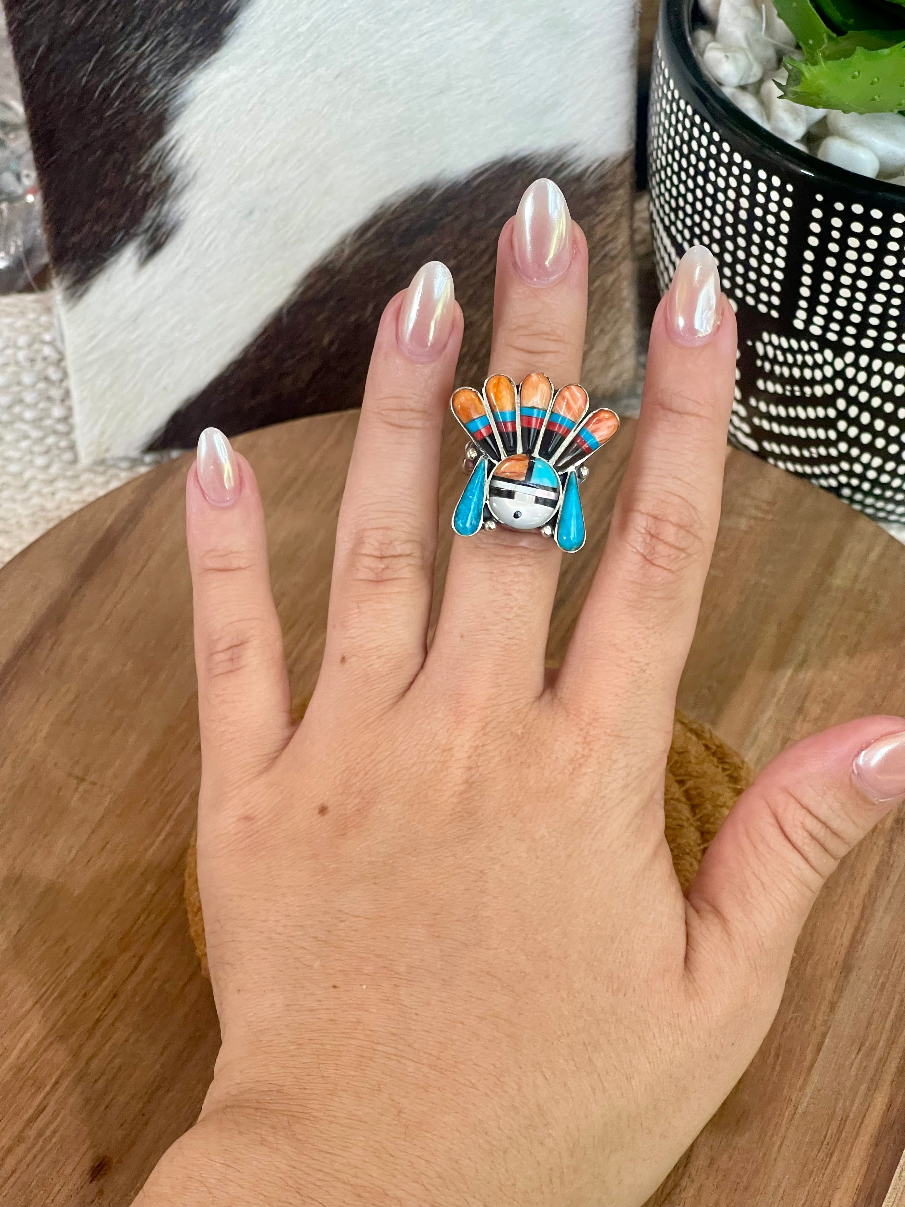 Handmade Sterling Silver & Multi Stone Sunface Adjustable Ring