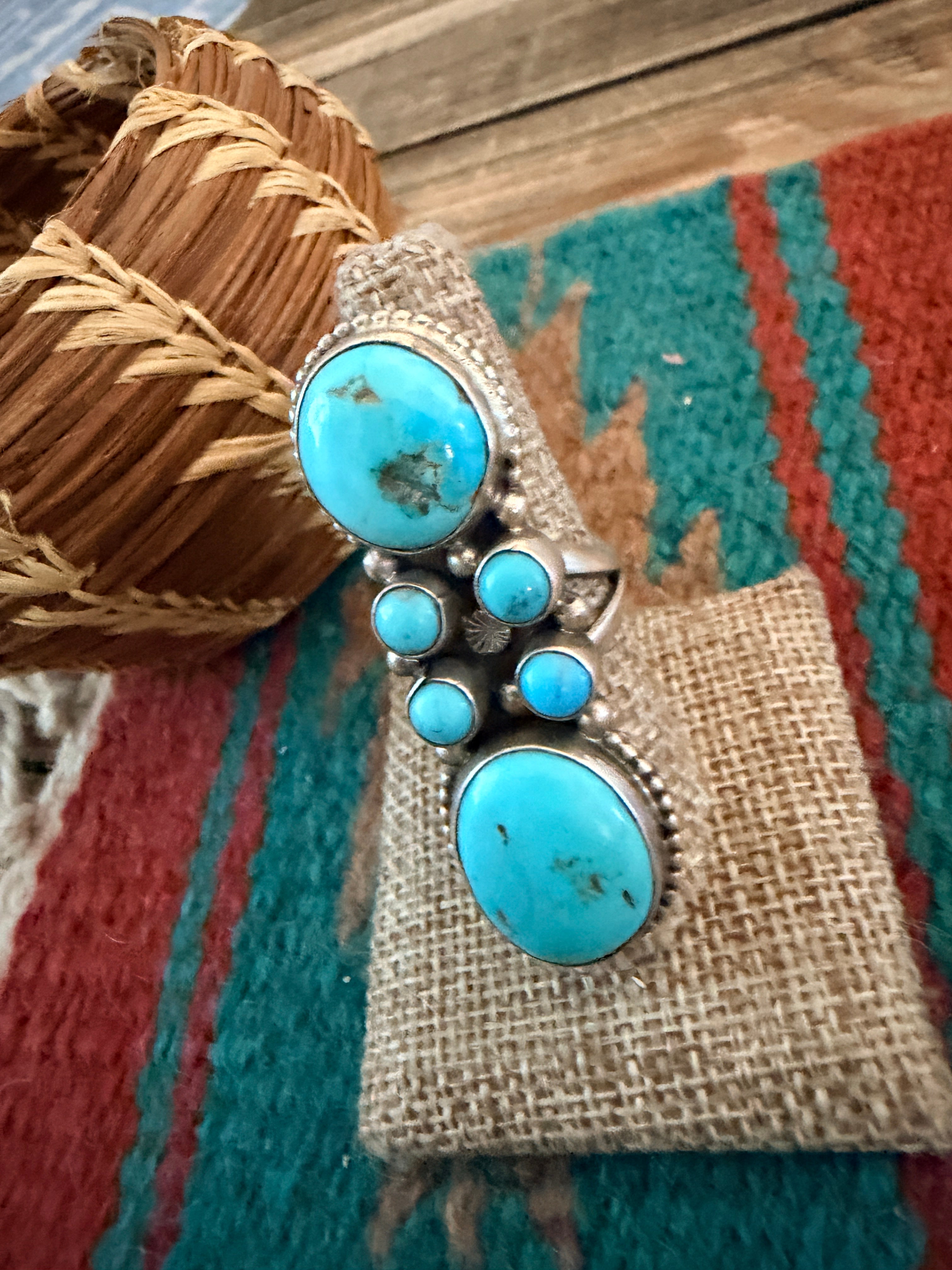 Handcrafted Kingman Turquoise & Sterling Silver Cluster Ring Size 8 by Sheila Becenti
