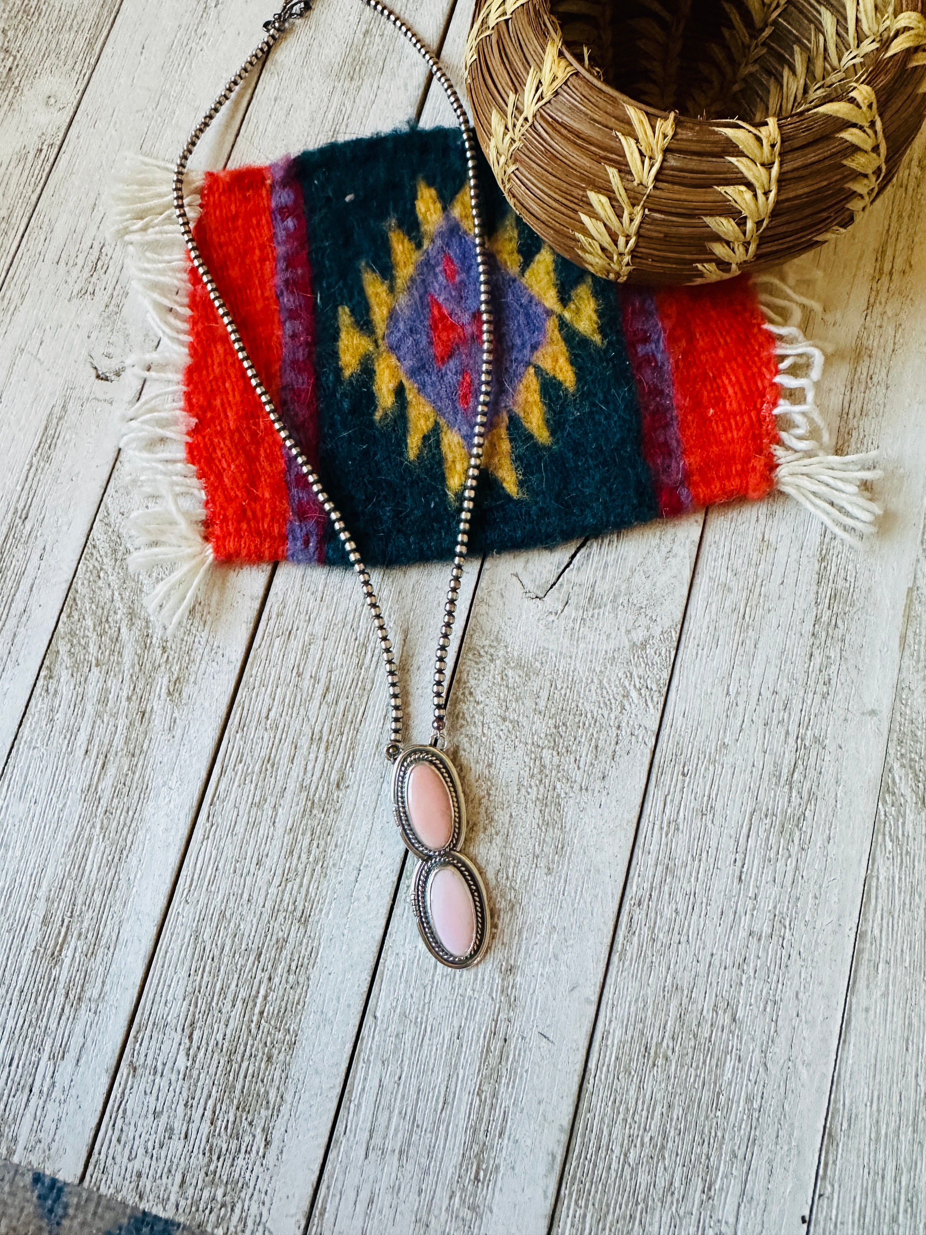 Navajo Queen Pink Conch & Sterling Silver Pearl Beaded Necklace