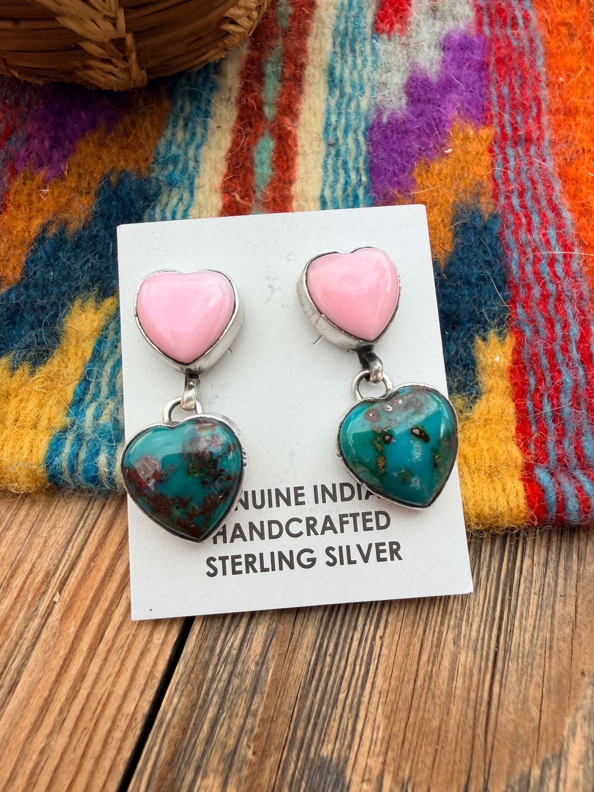 Handcrafted Turquoise, Queen Pink Conch & Sterling Silver Heart Dangle Earrings by Marcella James