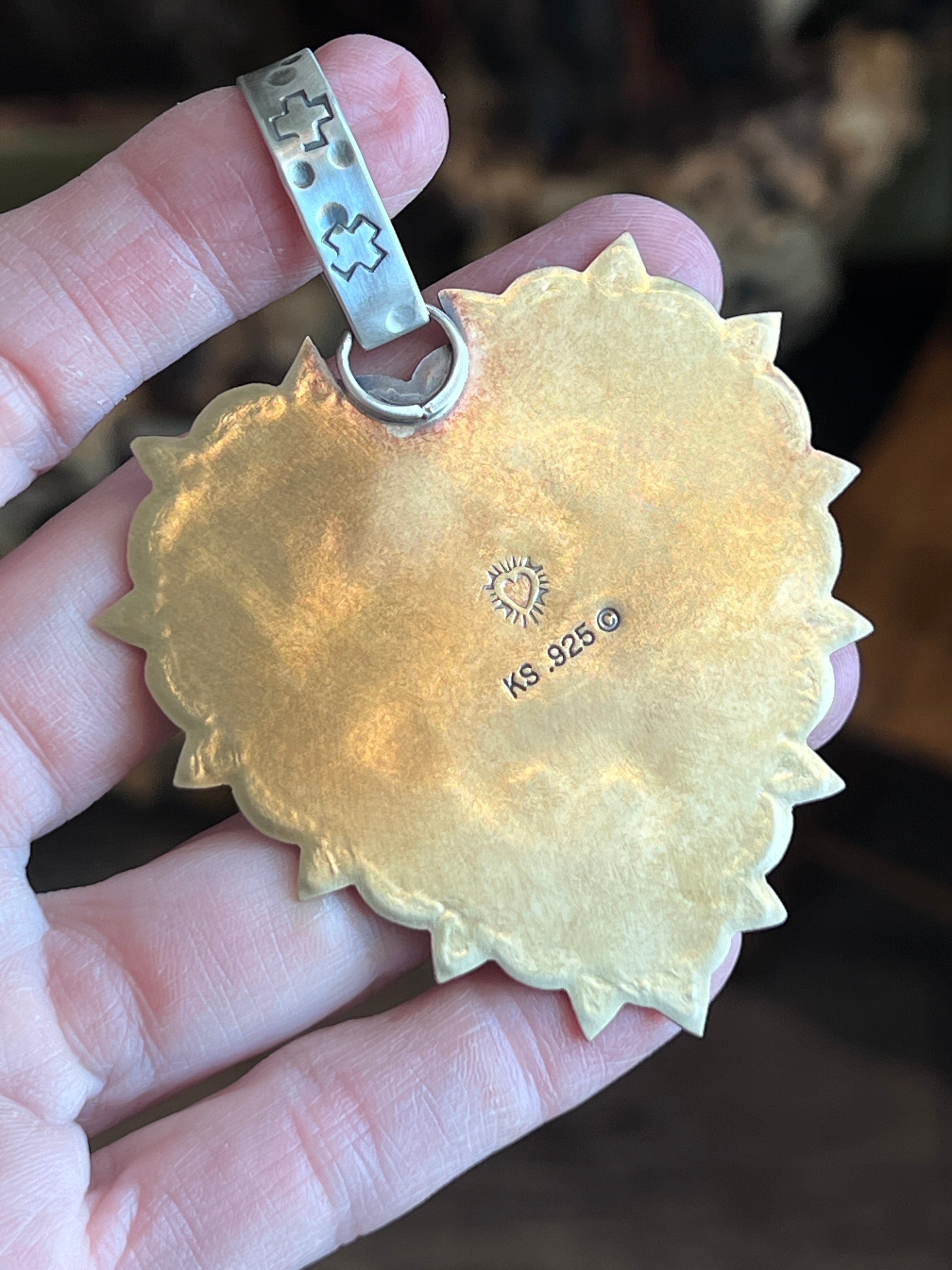 Kimari Somers Hand Stamped Sterling Silver, Brass & Spiny Oyster ‘Protect Your Heart’ Pendant