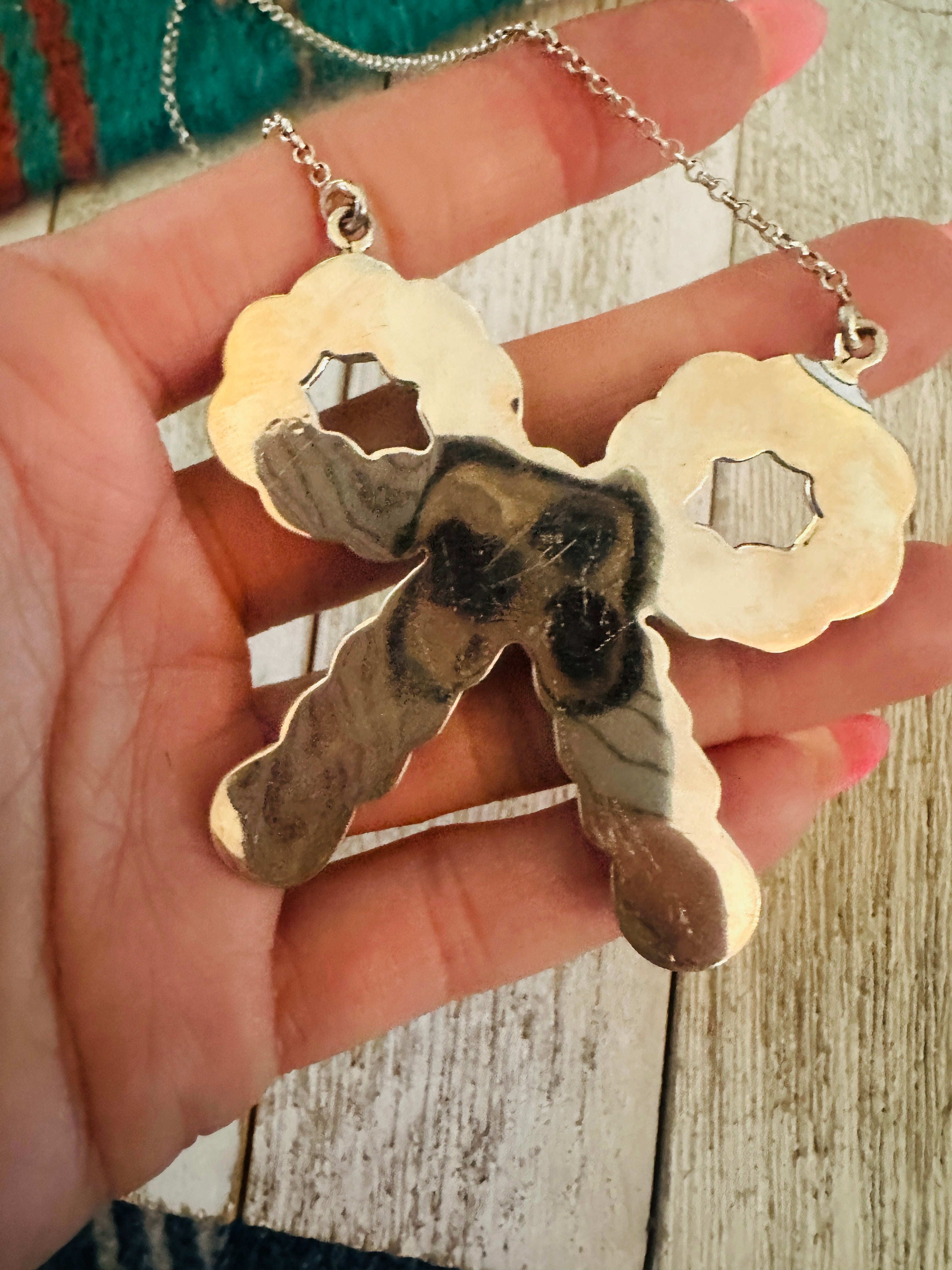 ** Christmas Collection ** Handmade Sterling Silver, Mother of Pearl & CZ Bow Necklace Signed Nizhoni