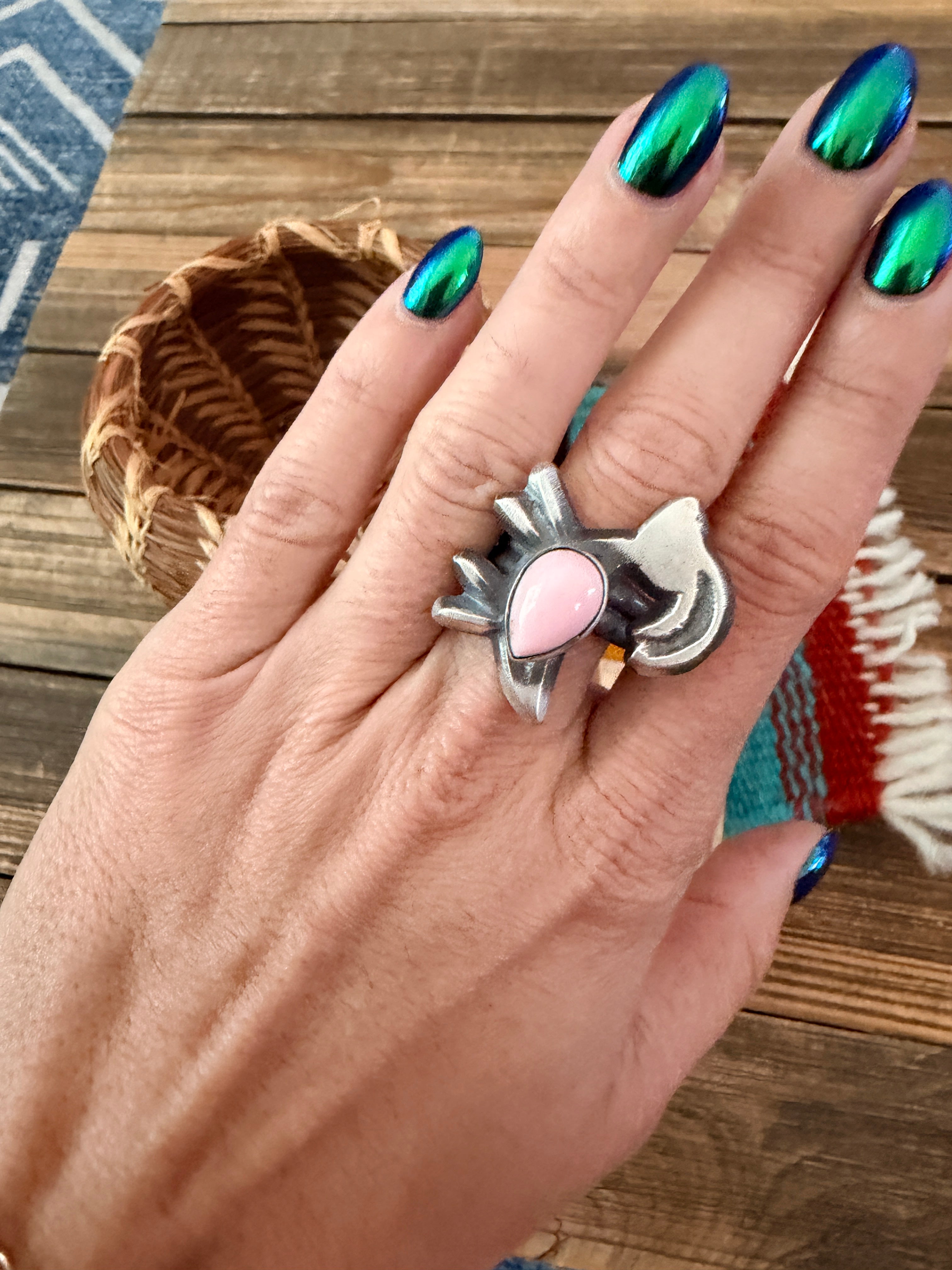 Handcrafted Queen Pink Conch and Sterling Silver Goat Ring size 7.75 by Chimney Butte