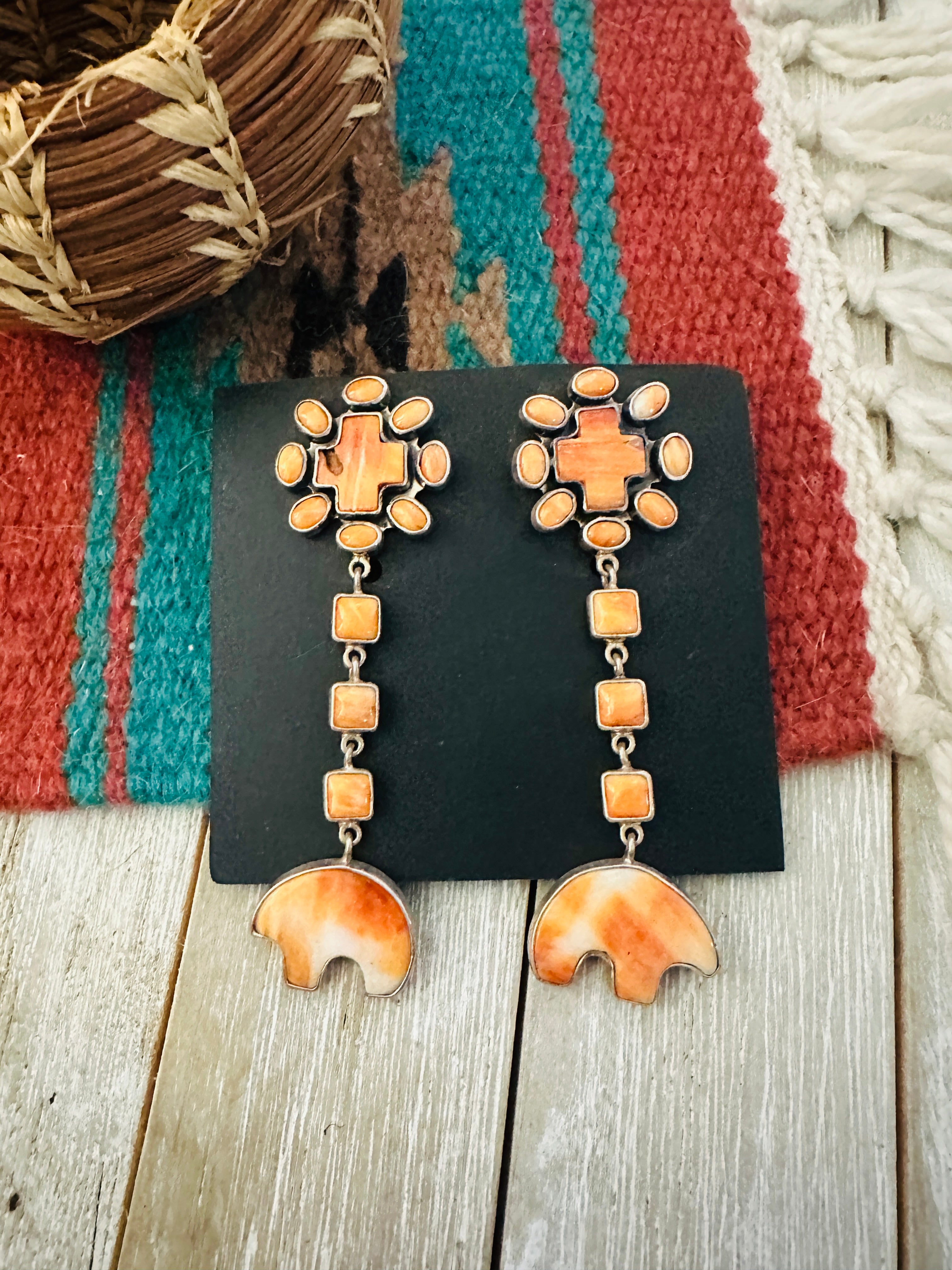 Handcrafted Orange Spiny & Sterling Silver Bear Dangle Earrings by Federico Jimenez