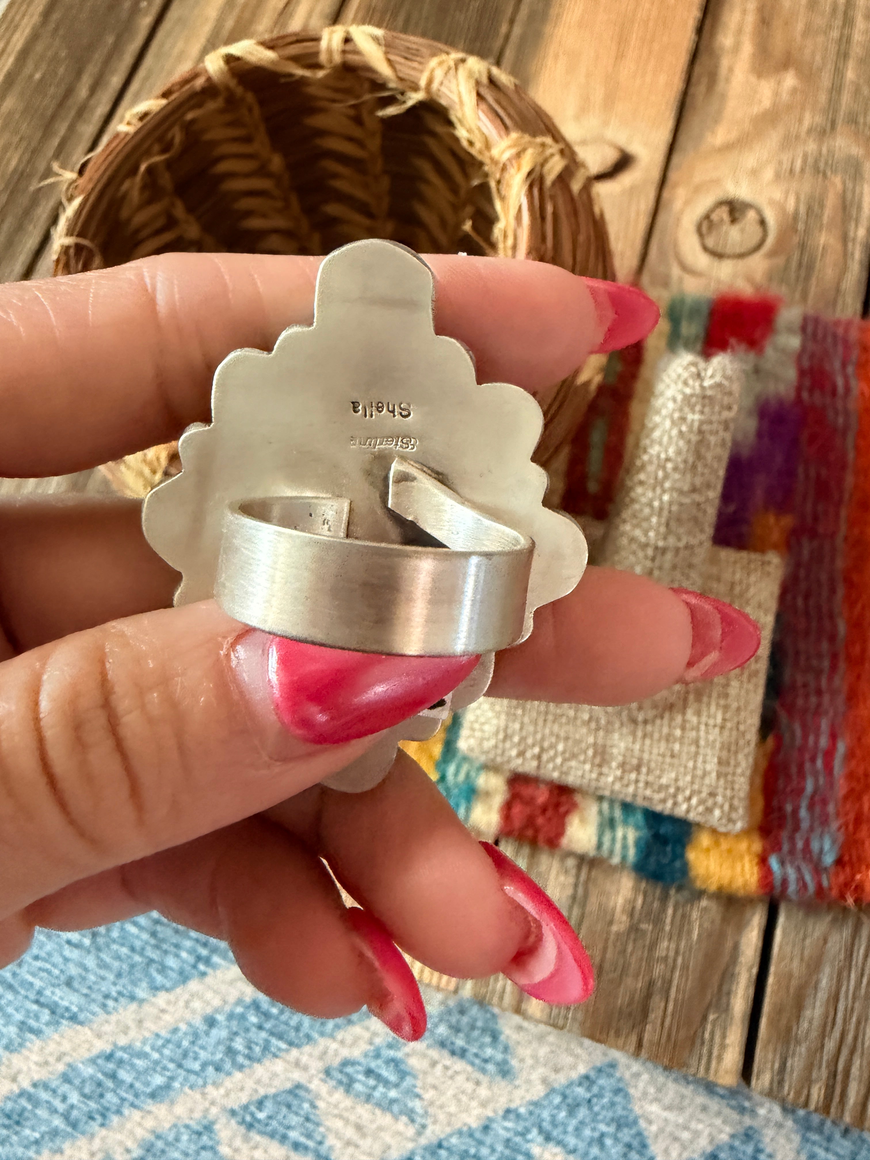 Handcrafted Spiny Oyster, Turquoise & Sterling Silver Adjustable Cluster Ring by Sheila Becenti