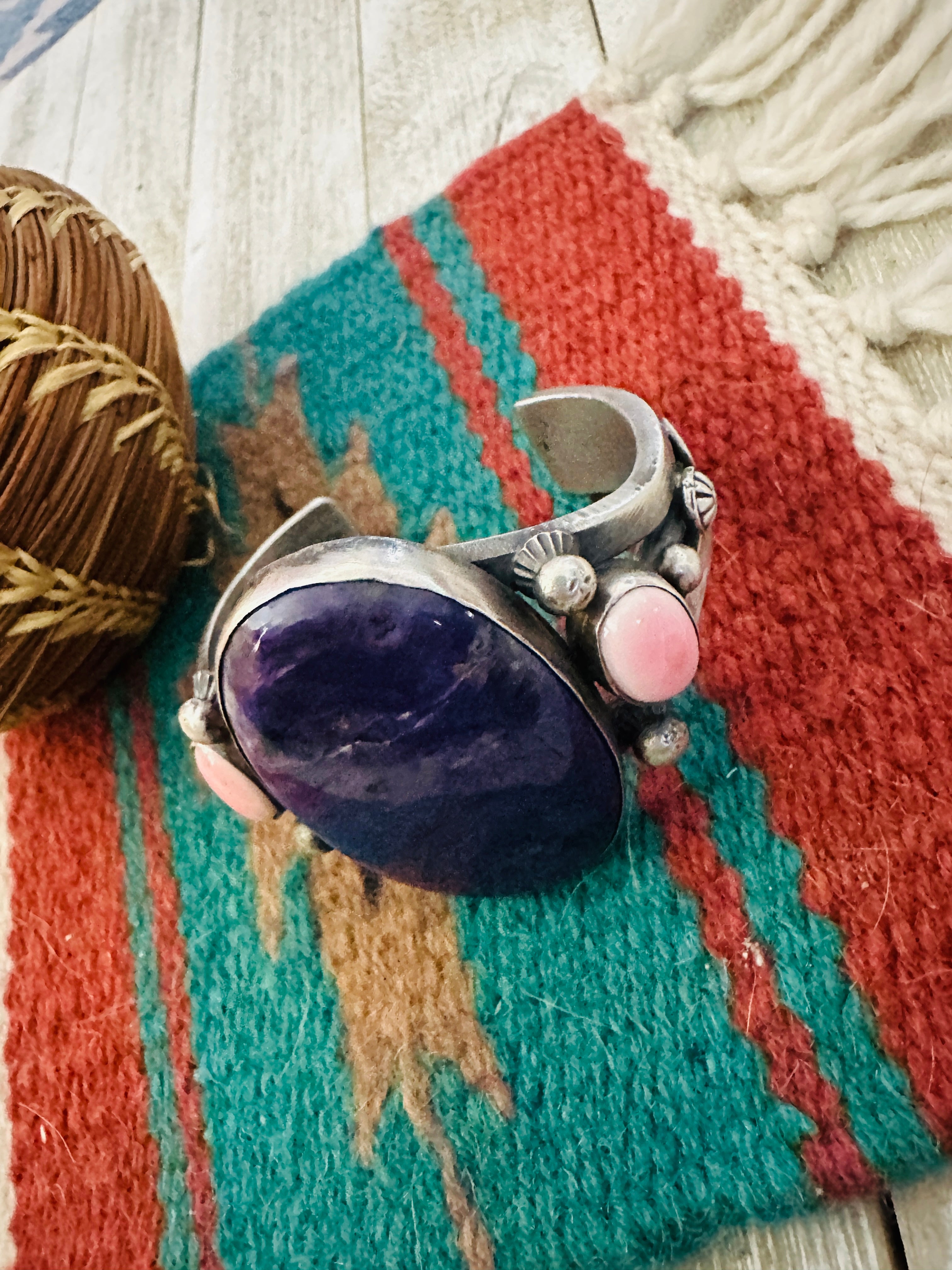 Handcrafted Charoite, Queen Pink Conch & Sterling Silver Cuff Bracelet by Chimney Butte