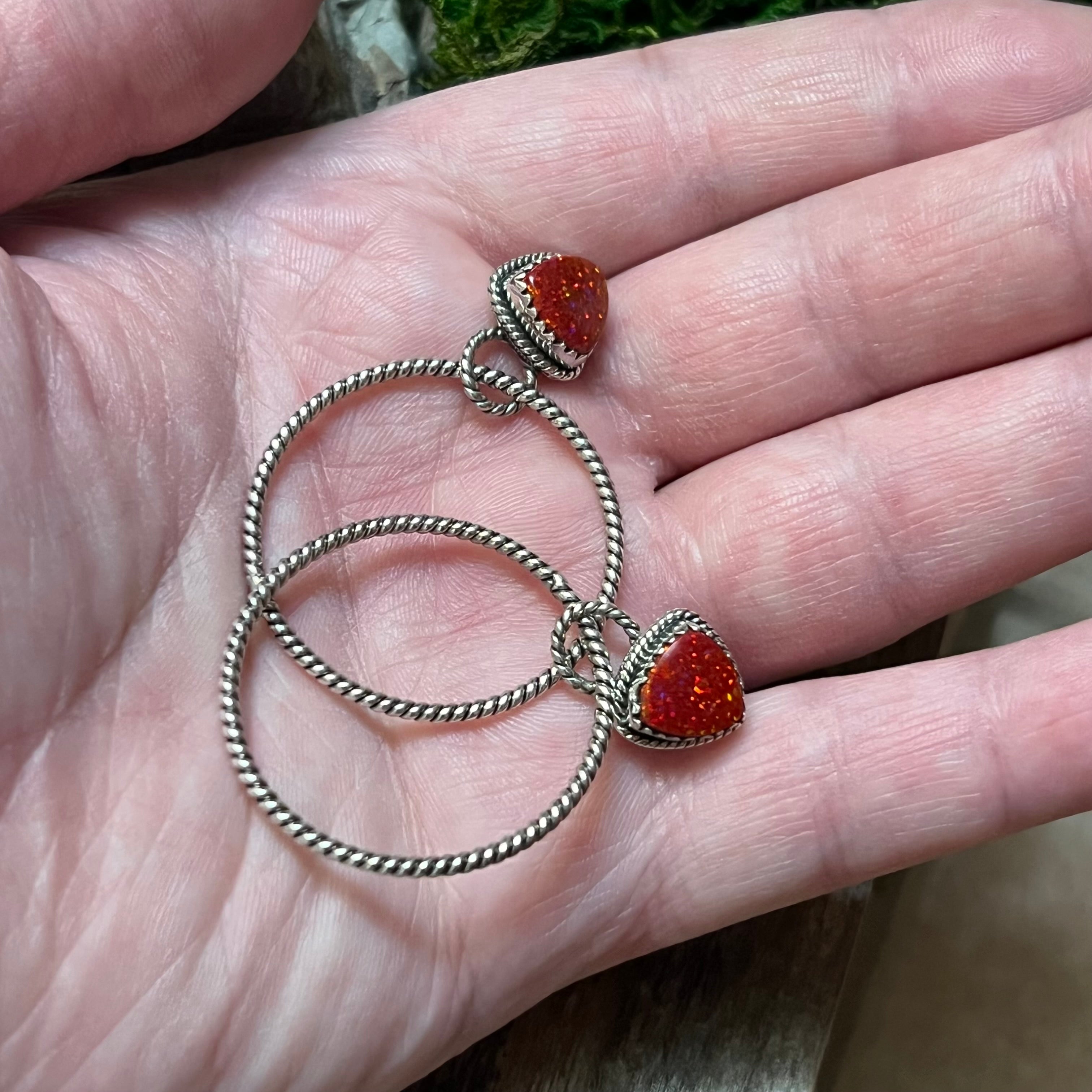 Handmade Fire Red Speckled Opal Sterling Silver Hoop Earrings