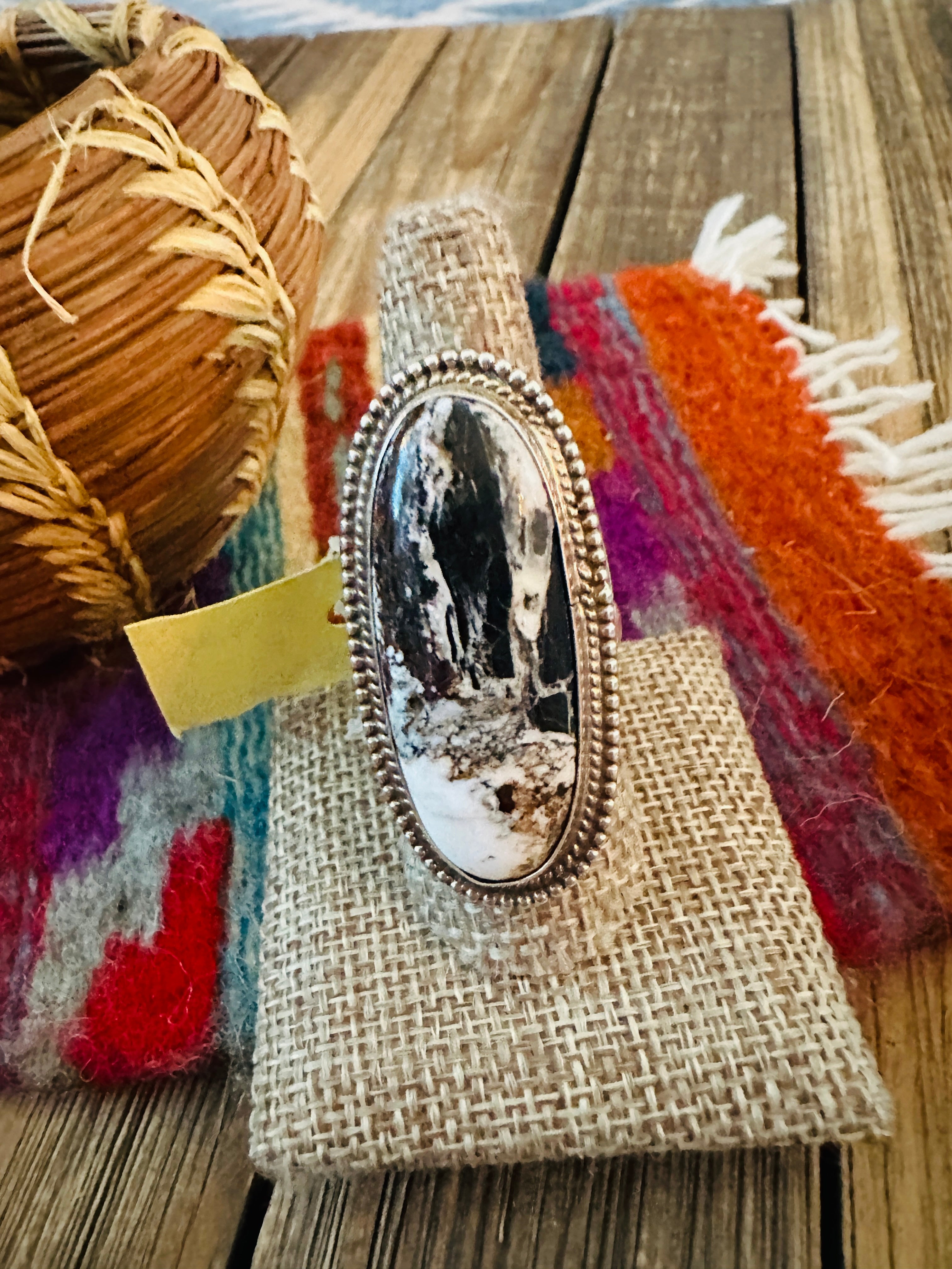 Old Pawn Handcrafted White Buffalo & Sterling Silver Ring Size 10