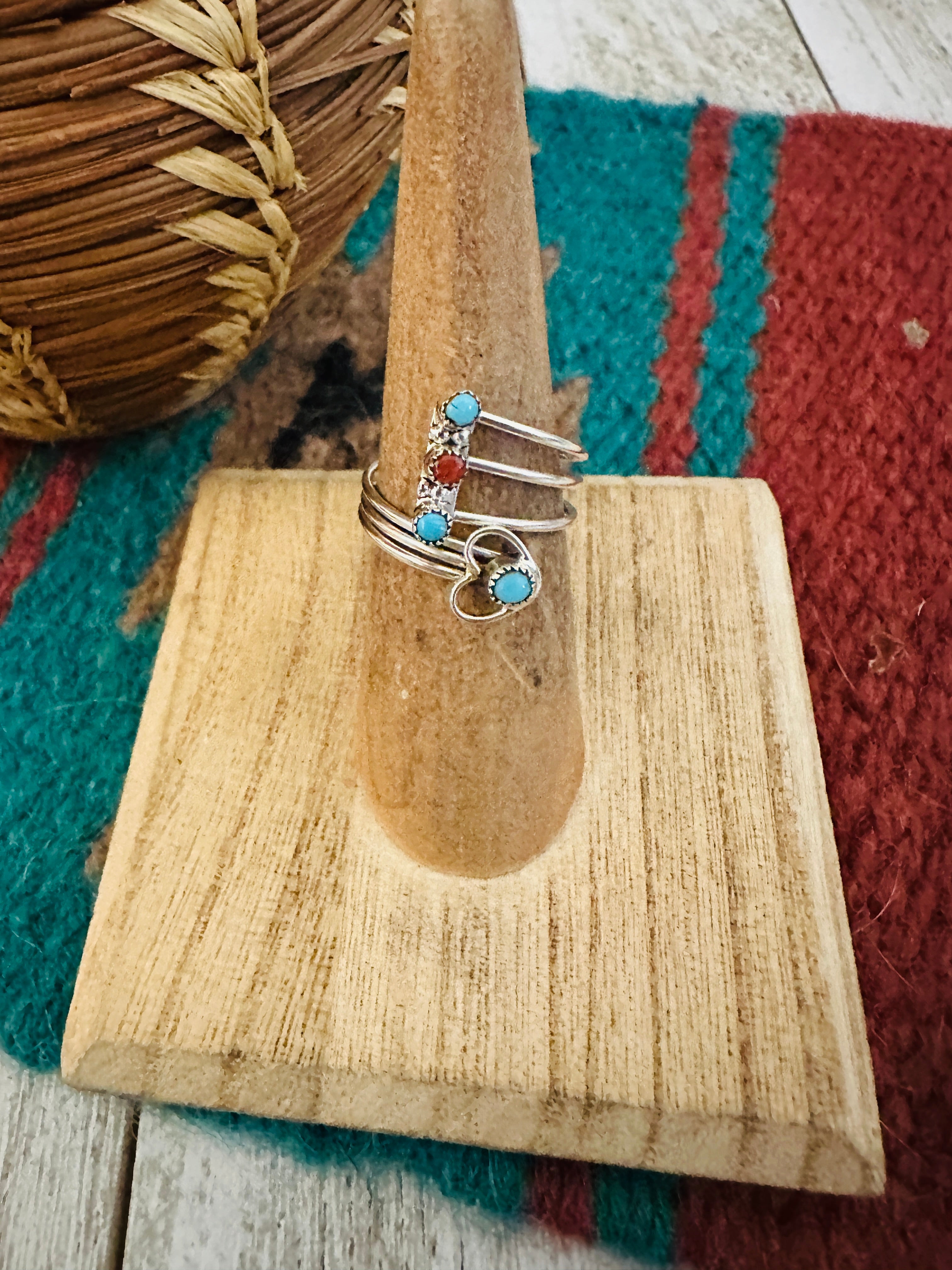 Zuni Turquoise, Coral & Sterling Silver Heart Adjustable Ring