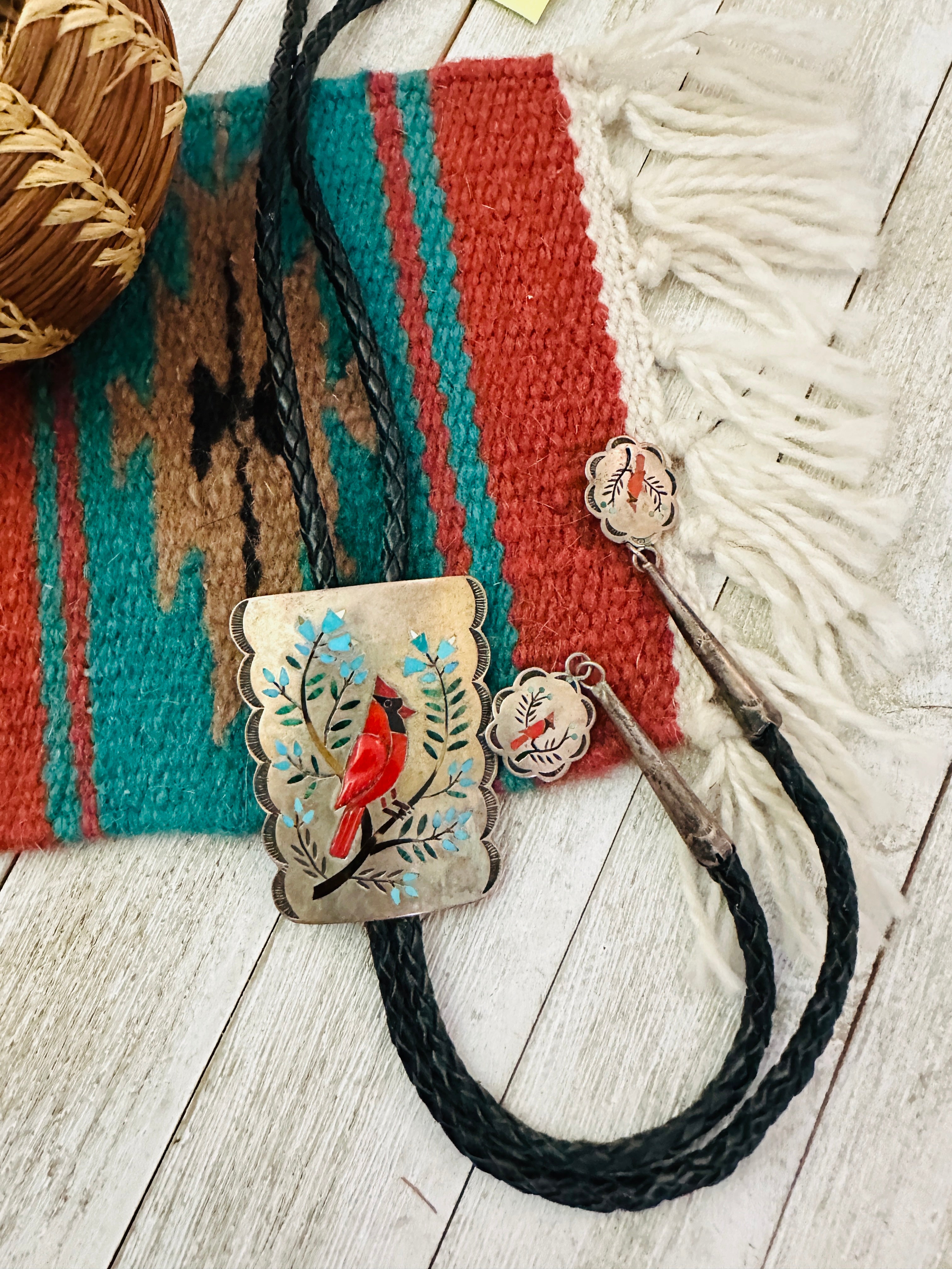 Handcrafted Vintage Old Pawn Sterling Silver & Multi Stone Inlay Cardinal Bolo Tie