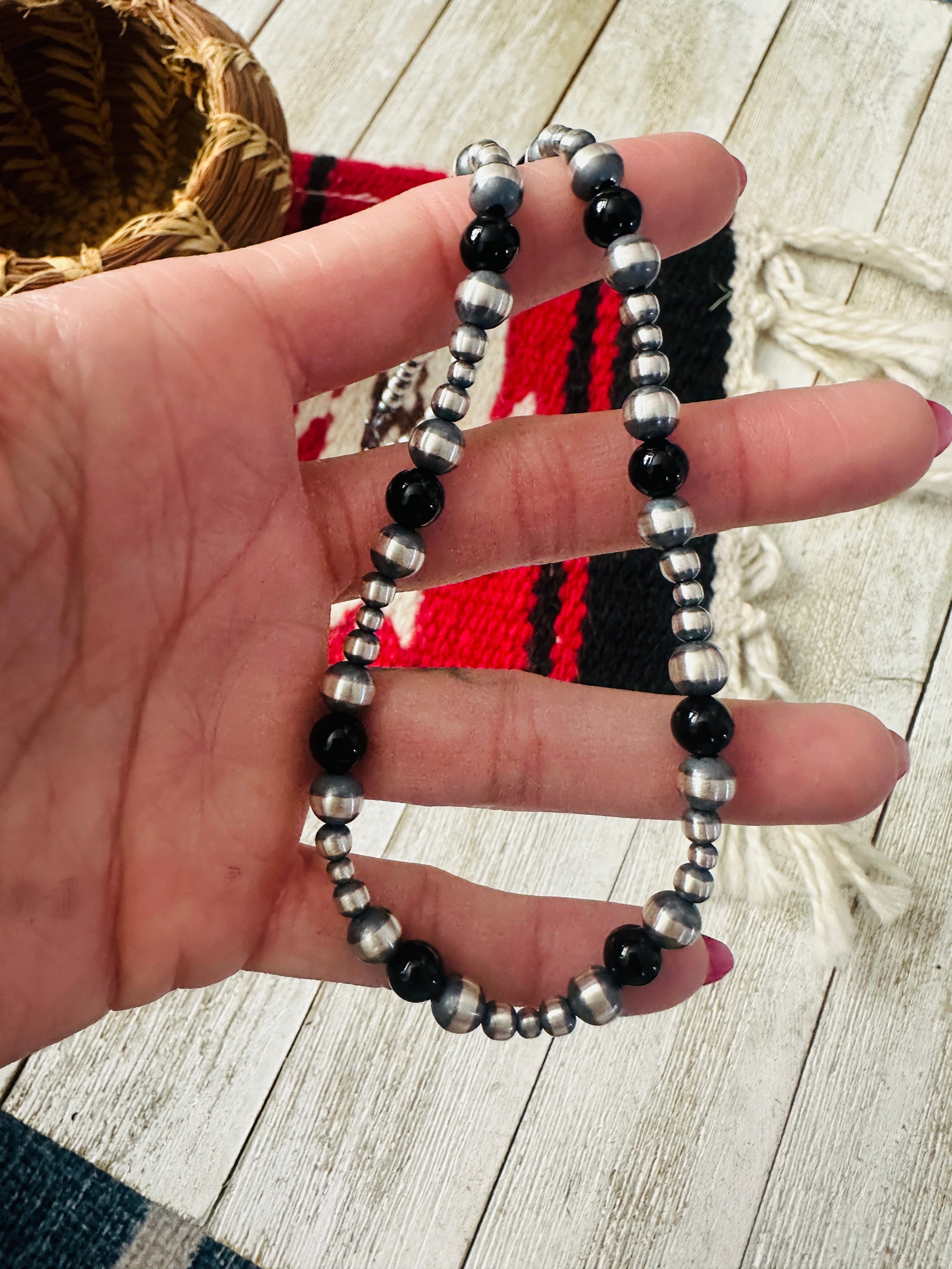 Sterling Silver Pearl & Onyx Beaded 16” Necklace