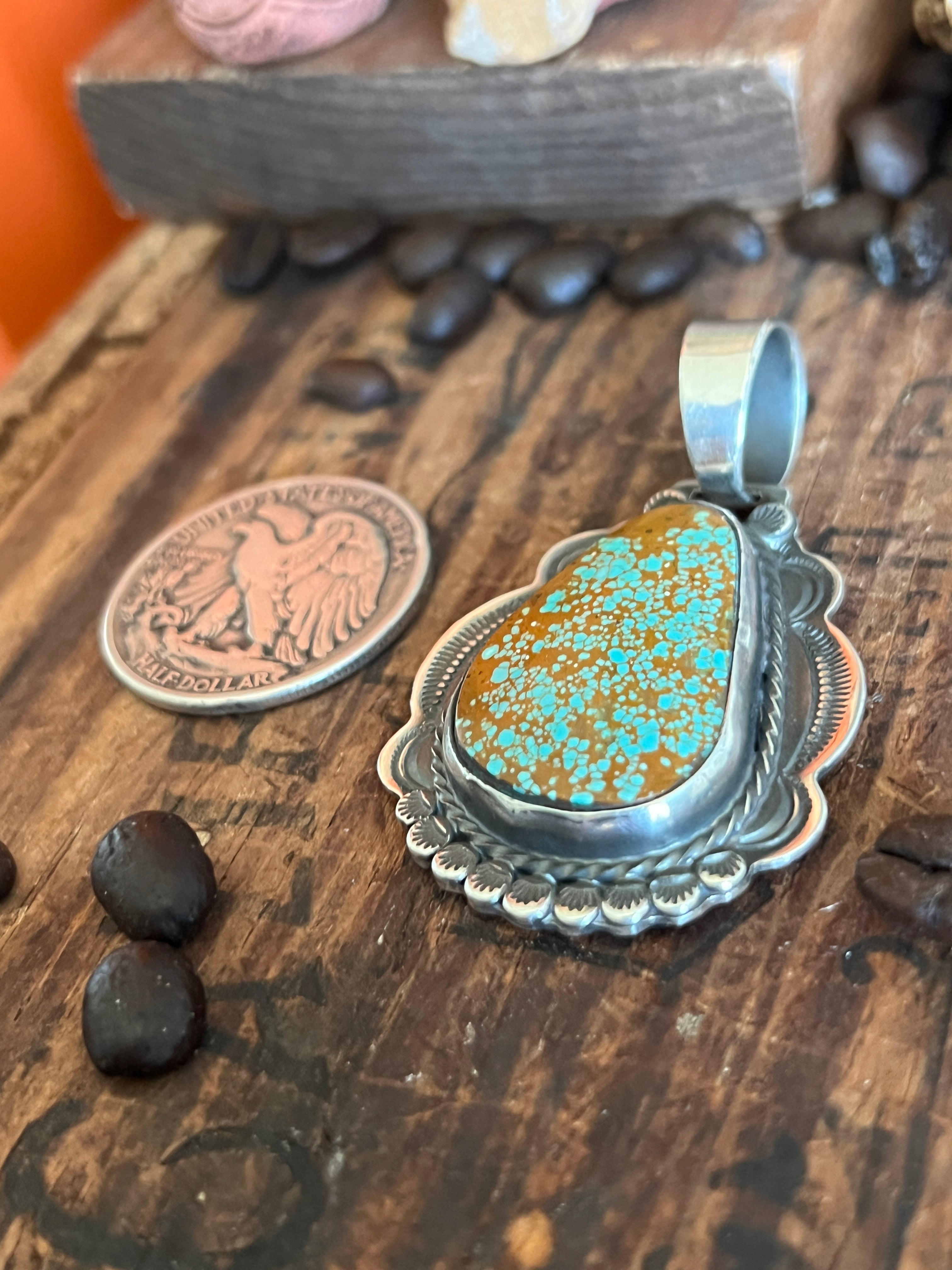 Hand Stamped Sterling Silver & Number 8 Turquoise Pendant by Kimari Somers