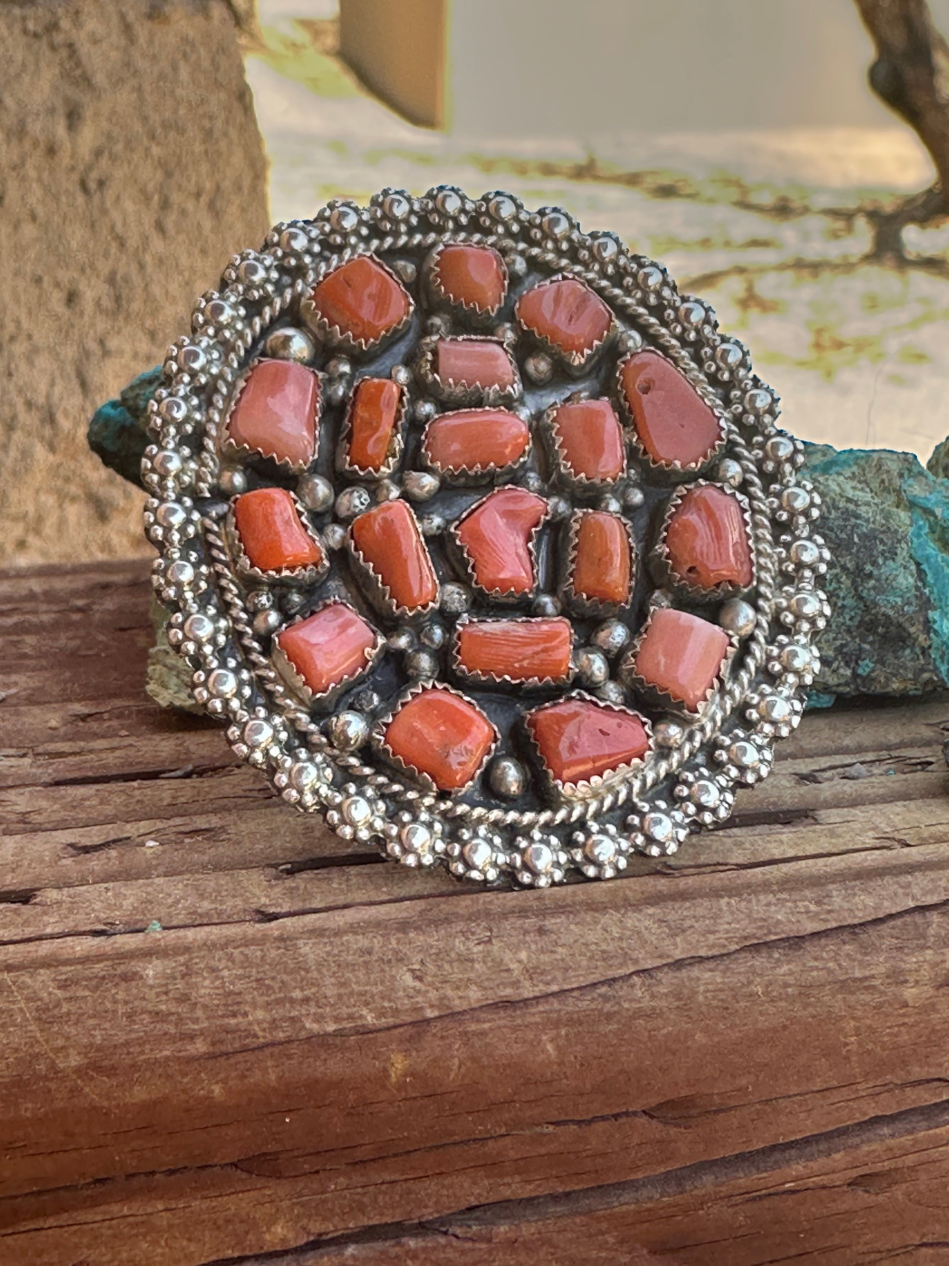 Handcrafted Old Pawn Natural Coral Cluster Ring Adjustable