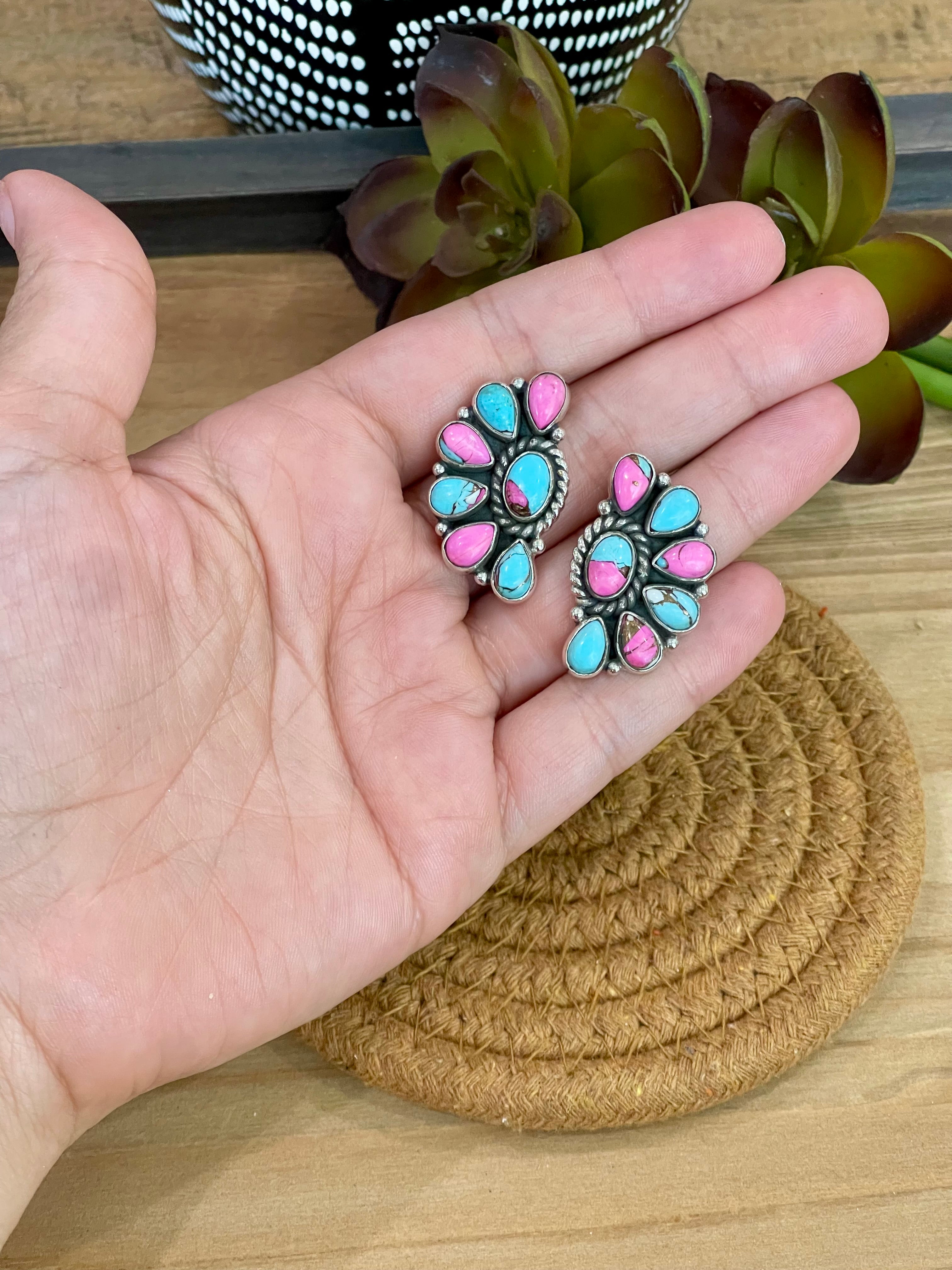 Handmade Sterling Silver Cotton Candy Turquoise Post Earrings with Signed Nizhoni