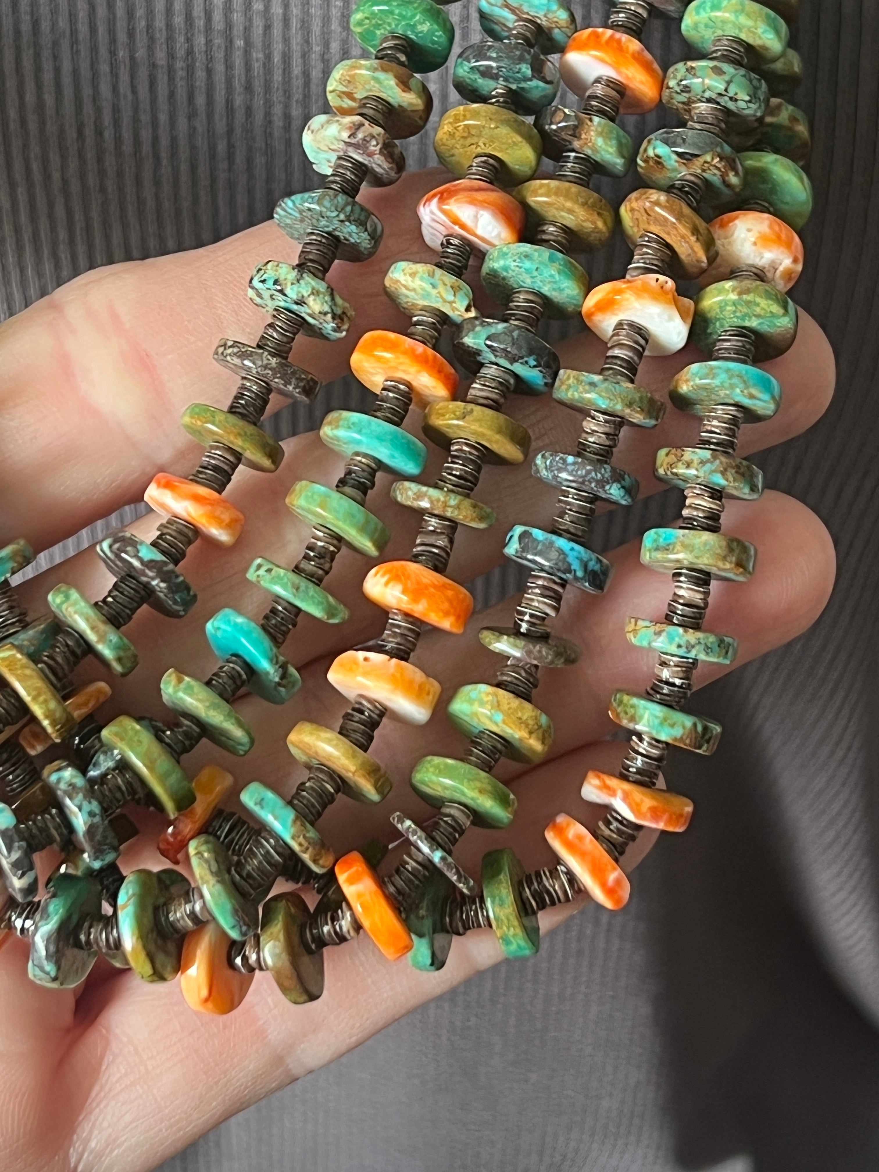 Gorgeous Handcrafted Five Strand Spiny Oyster, Turquoise and Heishi Beaded Squaw Wrap Beaded Necklace