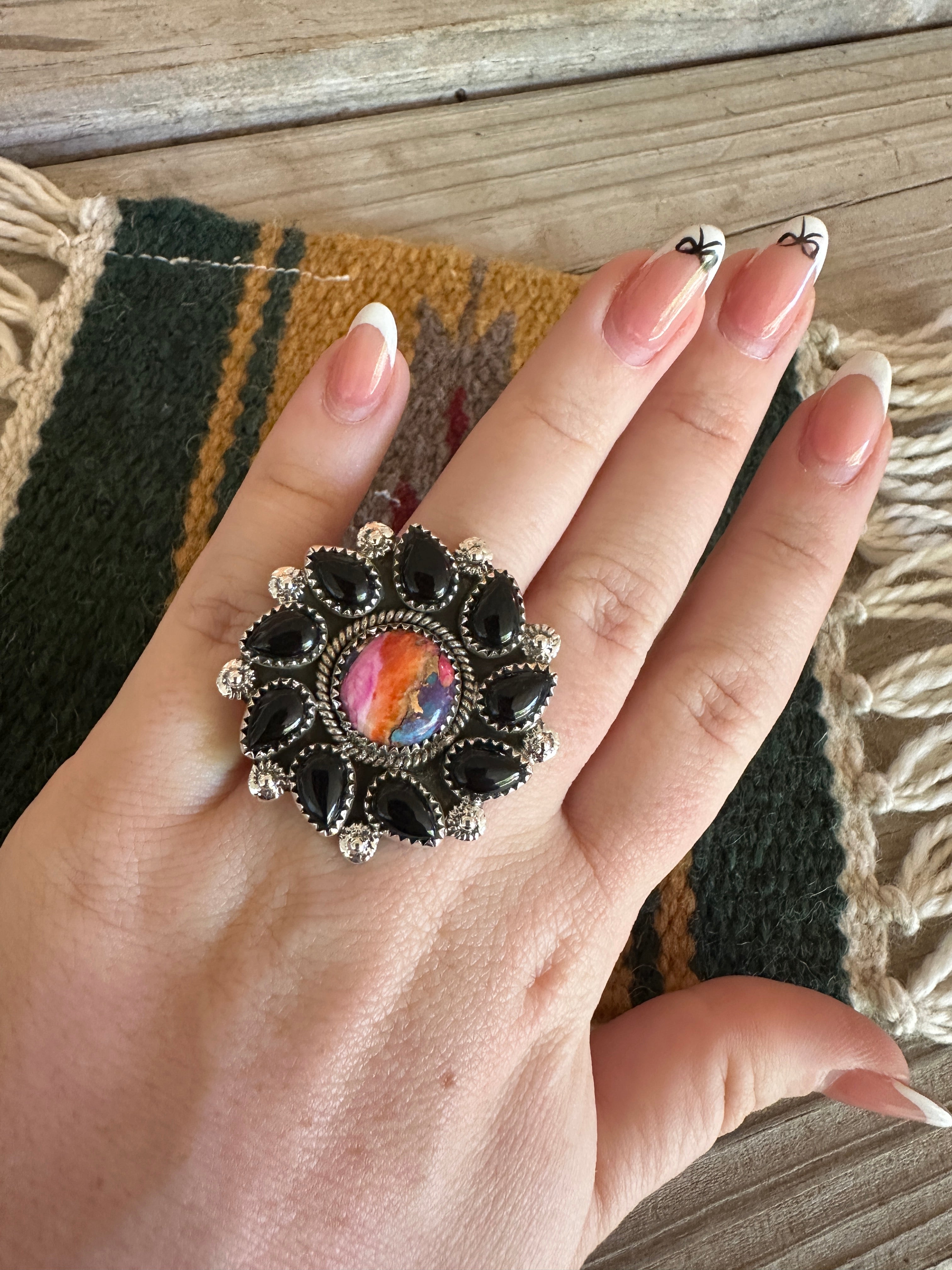 Beautiful Handmade Pink Dream Mojave, Onyx And Sterling Silver Adjustable Ring