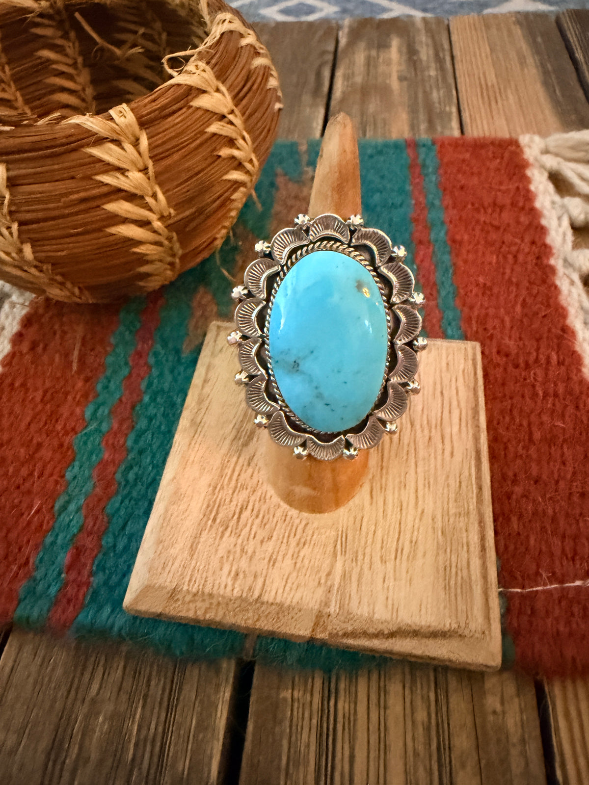Old Pawn Handcrafted Turquoise & Sterling Silver Ring Size 5