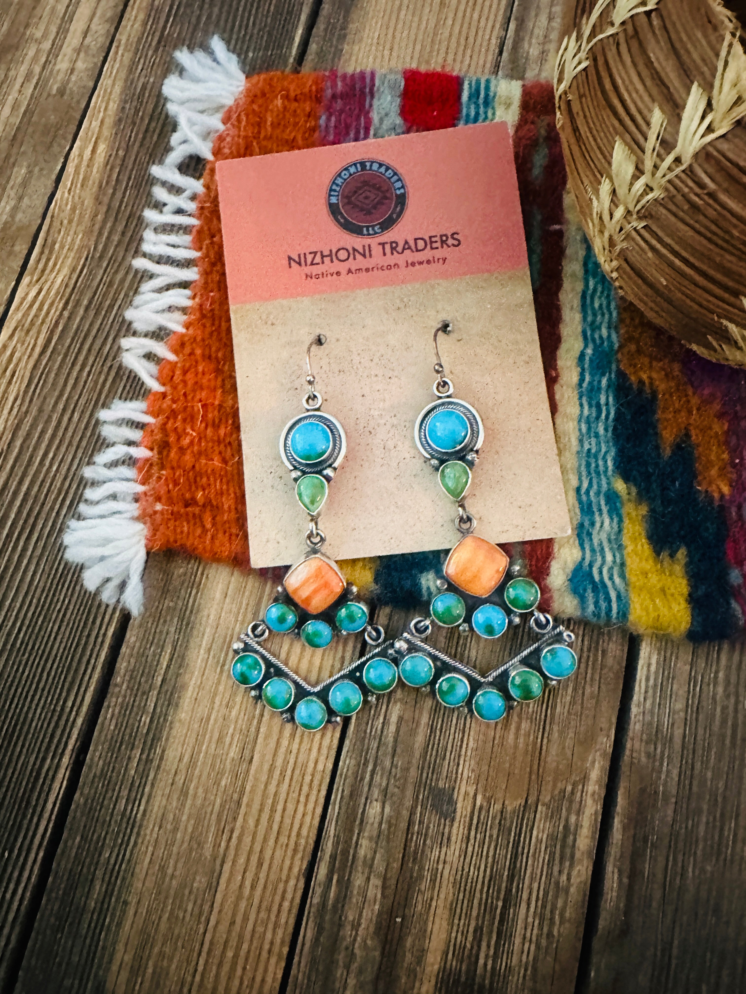 Handcrafted Turquoise, Spiny Oyster & Sterling Silver Chandelier Dangle Earrings