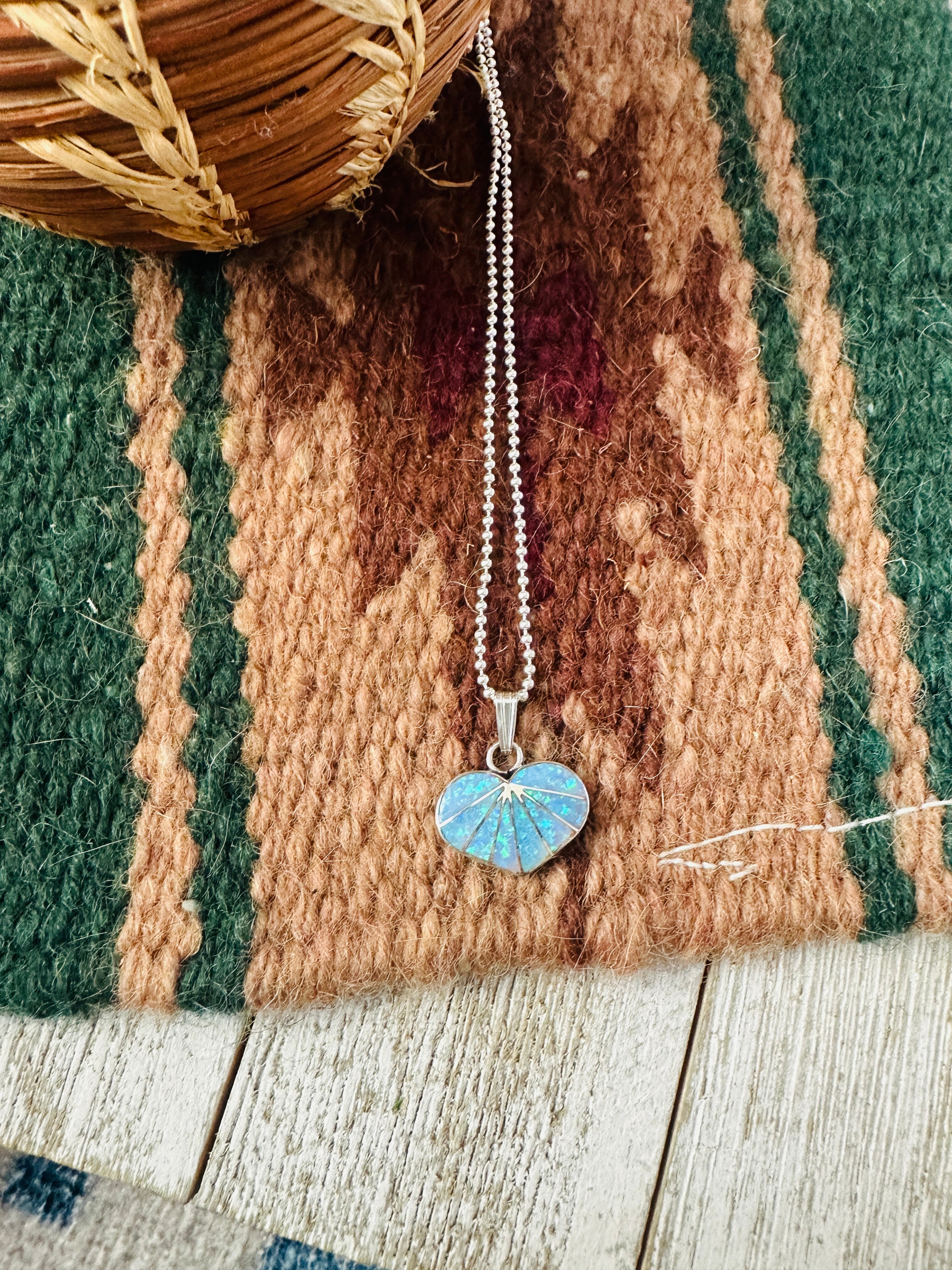 Handcrafted Blue Opal & Sterling Silver Inlay Heart Pendant