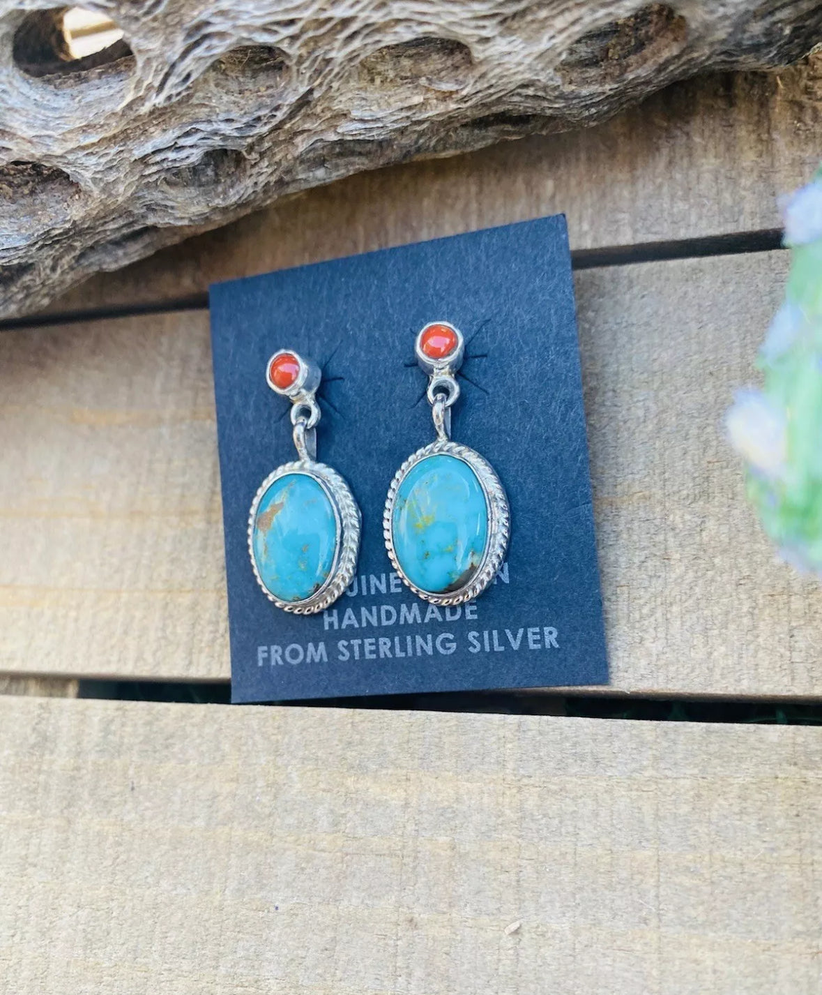 Navajo Turquoise, Coral & Sterling Silver Dangle Earrings